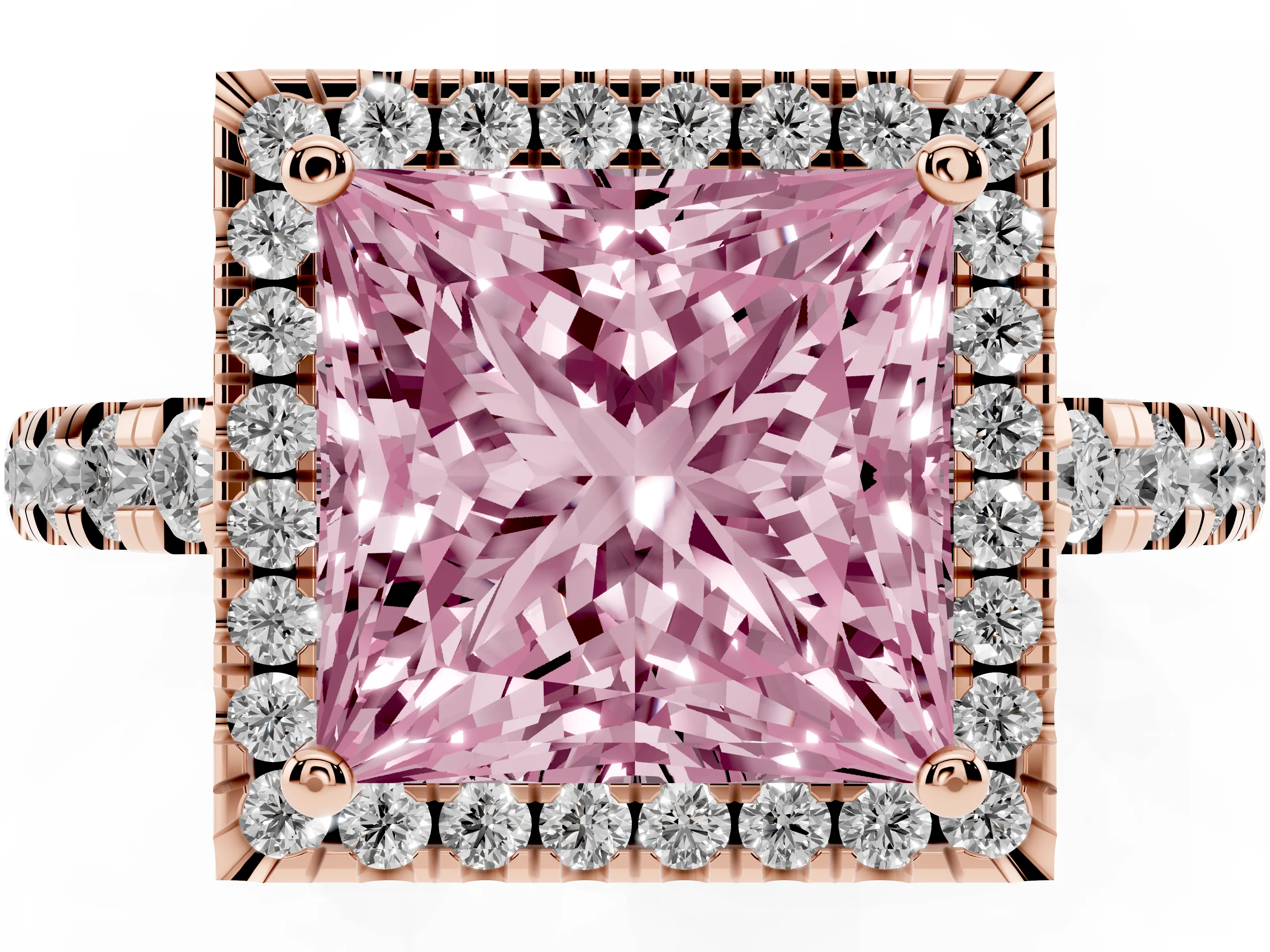 Fancy Pink Princess Cut Diamond Halo Ring Set in Rose gold with Delicate Pavé Band and Prong Setting