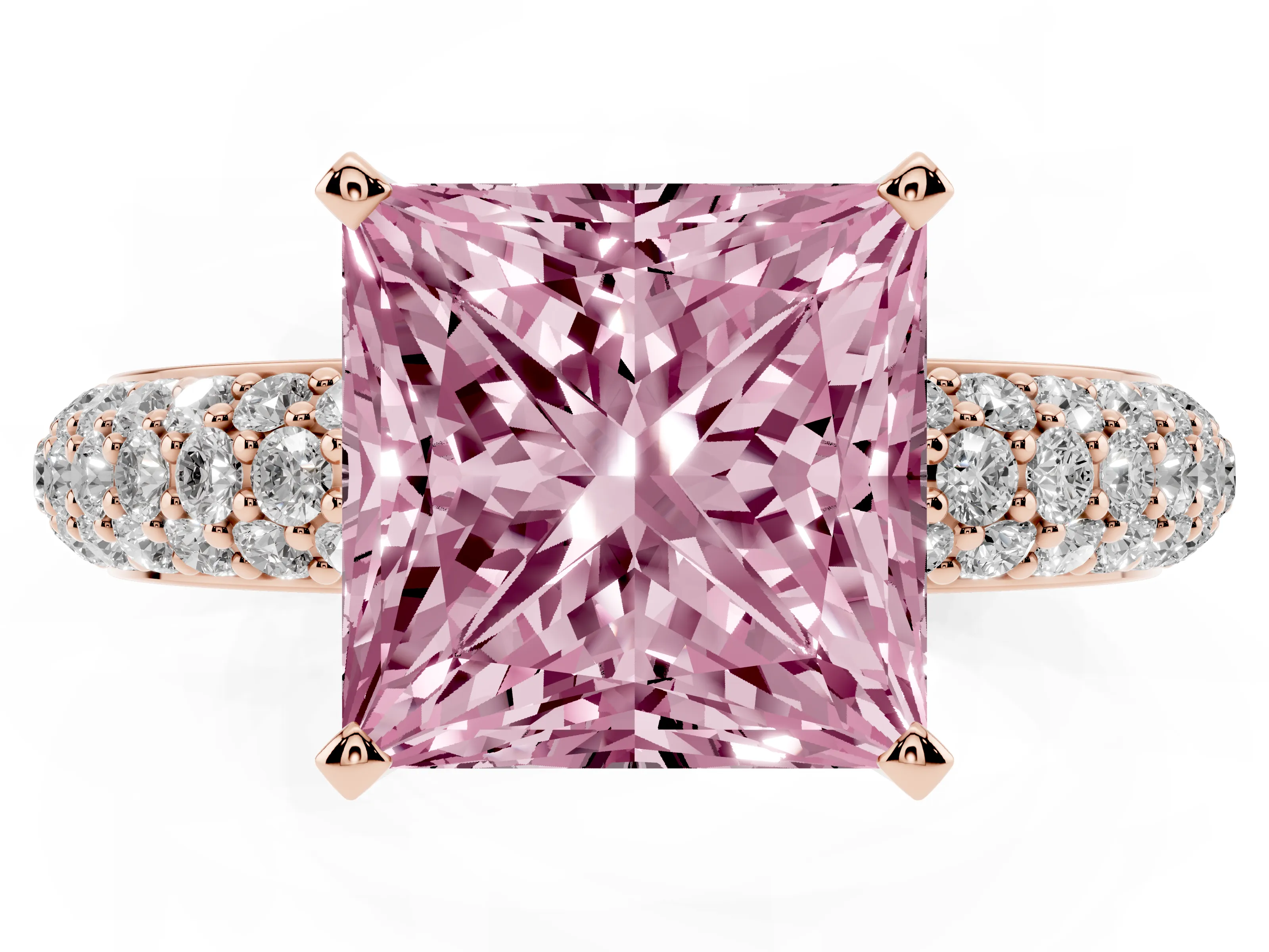 Fancy Pink Princess Cut Diamond Solitaire Ring Set in Rose gold with Prong Setting and Pavé-Set Band