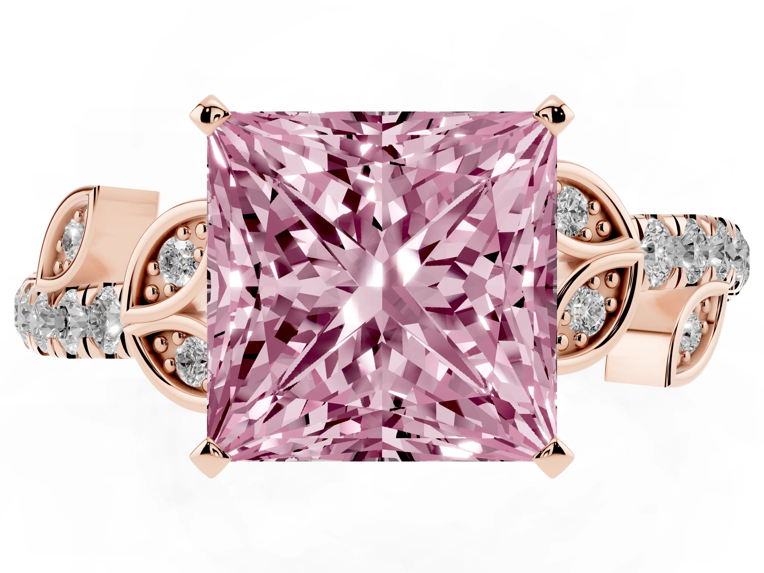 Fancy Pink Princess Cut Diamond Solitaire Leaf-Inspired Ring Set in Rose gold with Pavé Band and Prong Setting