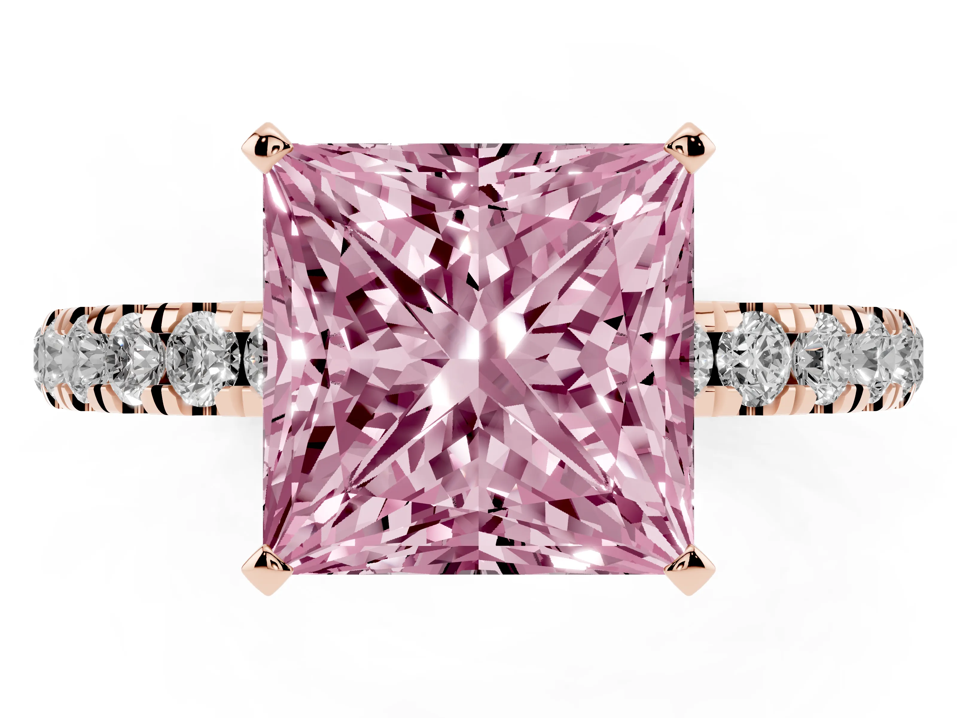 Fancy Pink Princess Cut Diamond Solitaire Ring Set in Rose gold with Pavé Accents and Prong Setting