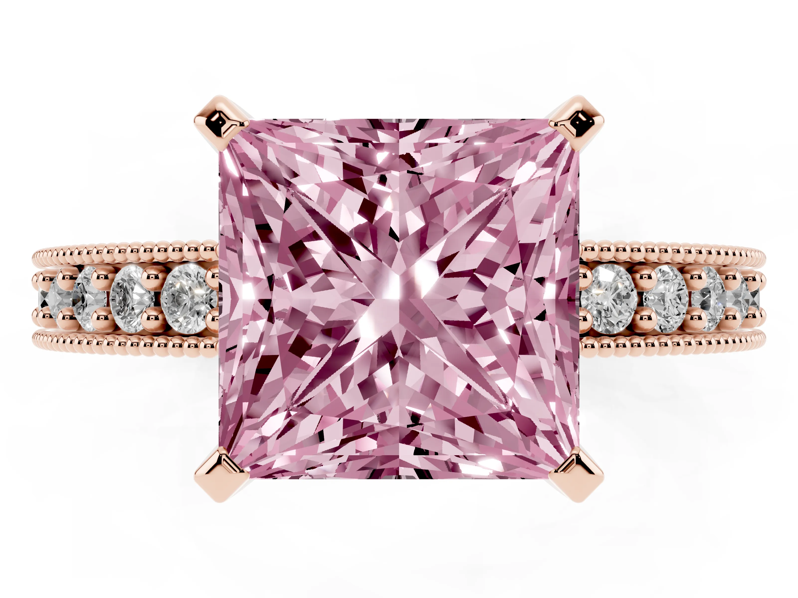 Fancy Pink Princess Cut Diamond Milgrain Pavé Engagement Ring Set in Rose gold with Prong Setting