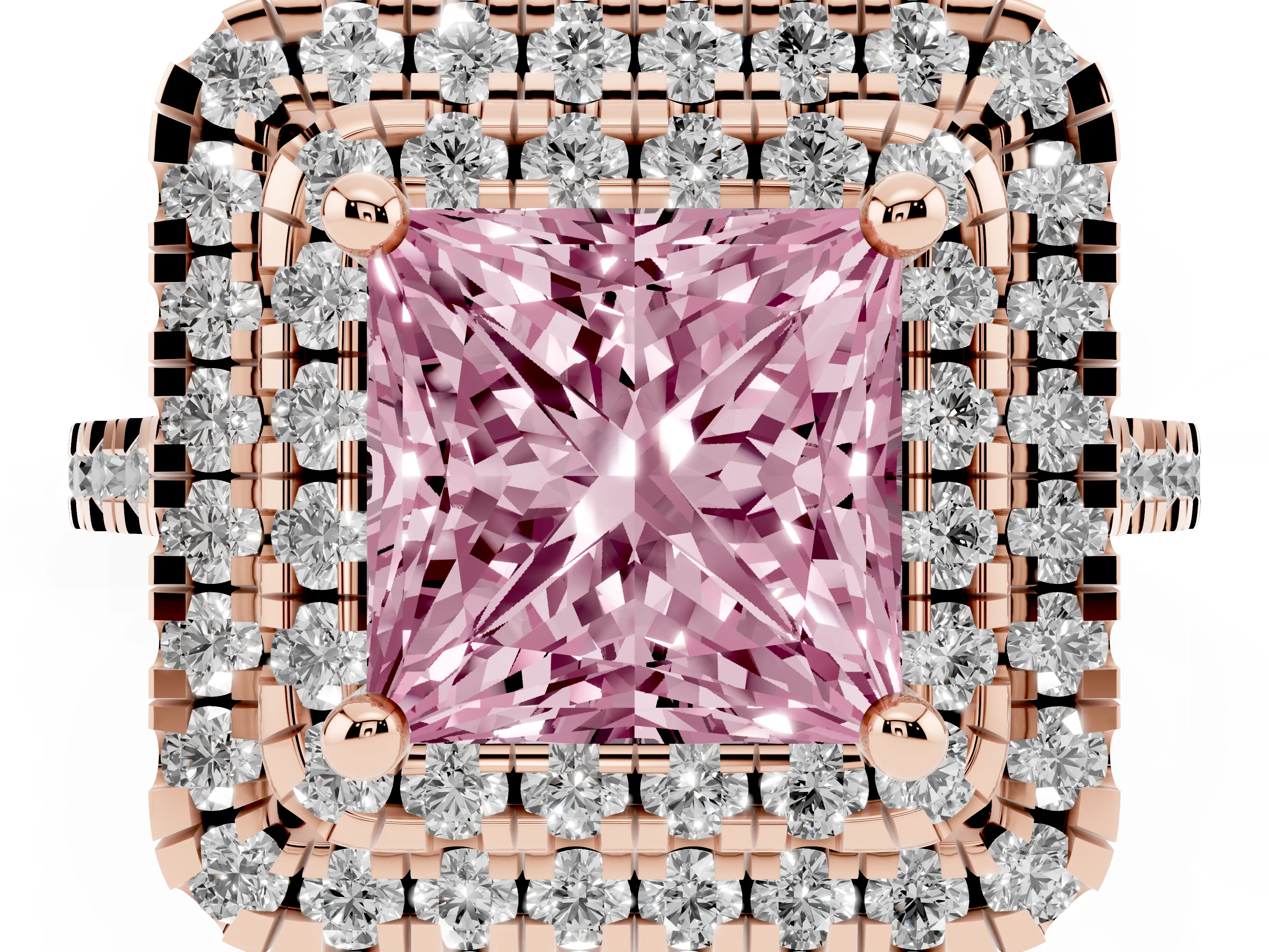 Fancy Pink Princess Cut Diamond Double Halo Statement Ring Set in Rose gold with Pavé Band