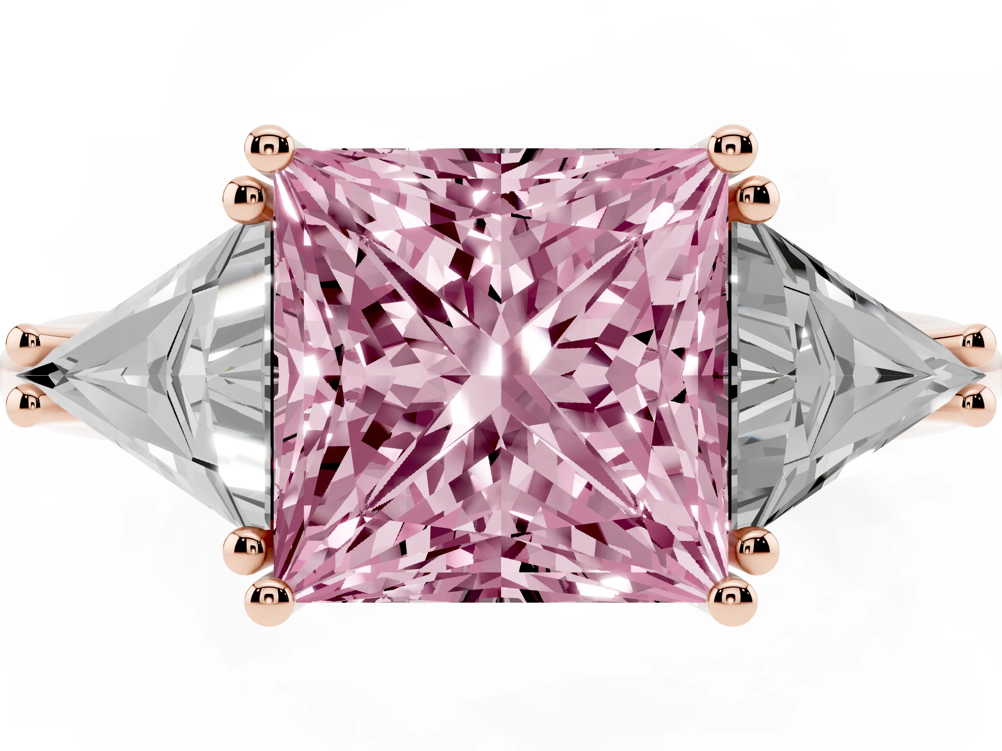 Fancy Pink Princess Cut Diamond Three-Stone Engagement Ring Set in Rose gold with Trillion Side Stones