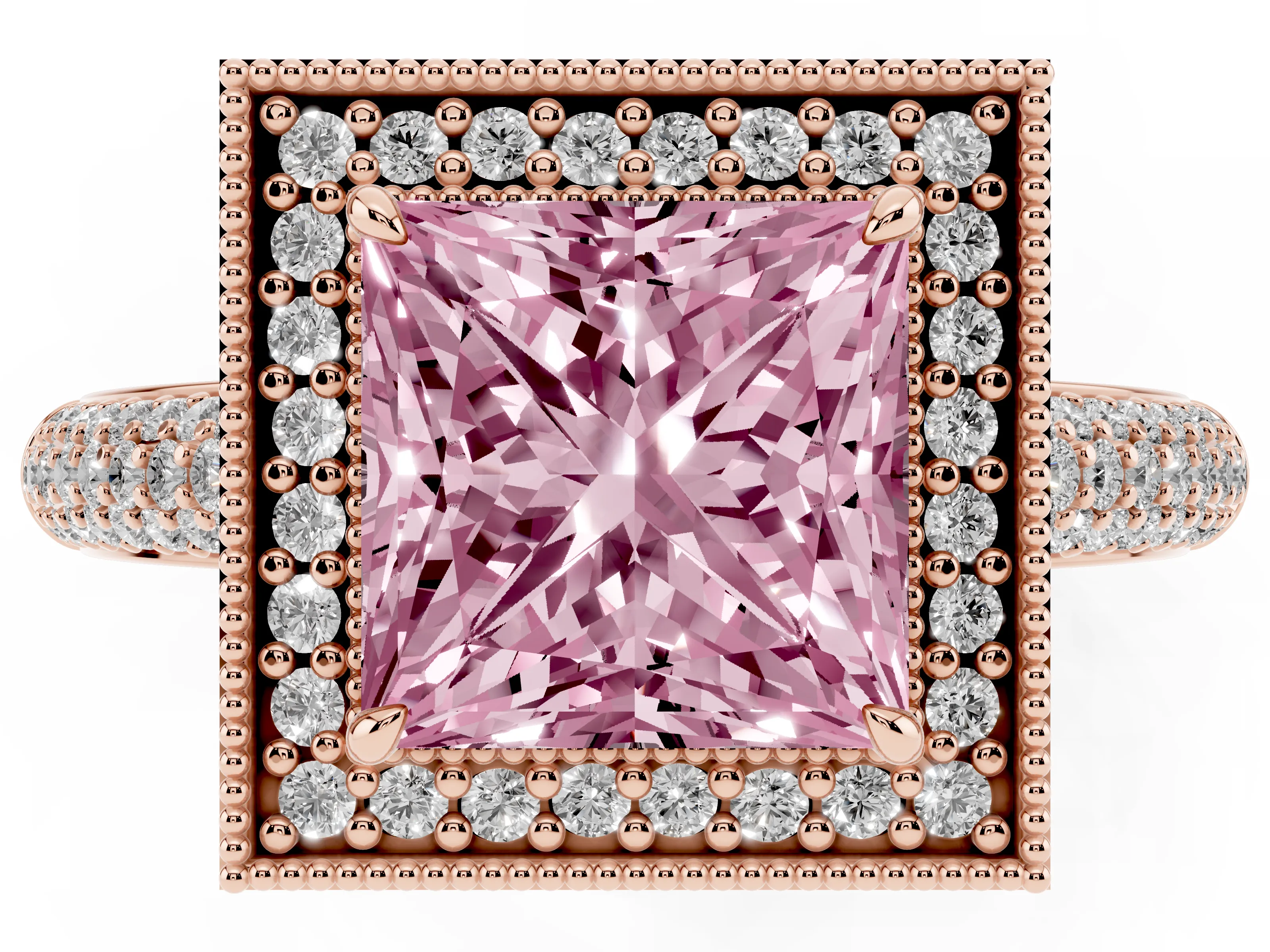 Fancy Pink Princess Cut Diamond Halo Pavé Band Set in Rose gold with Prong Setting