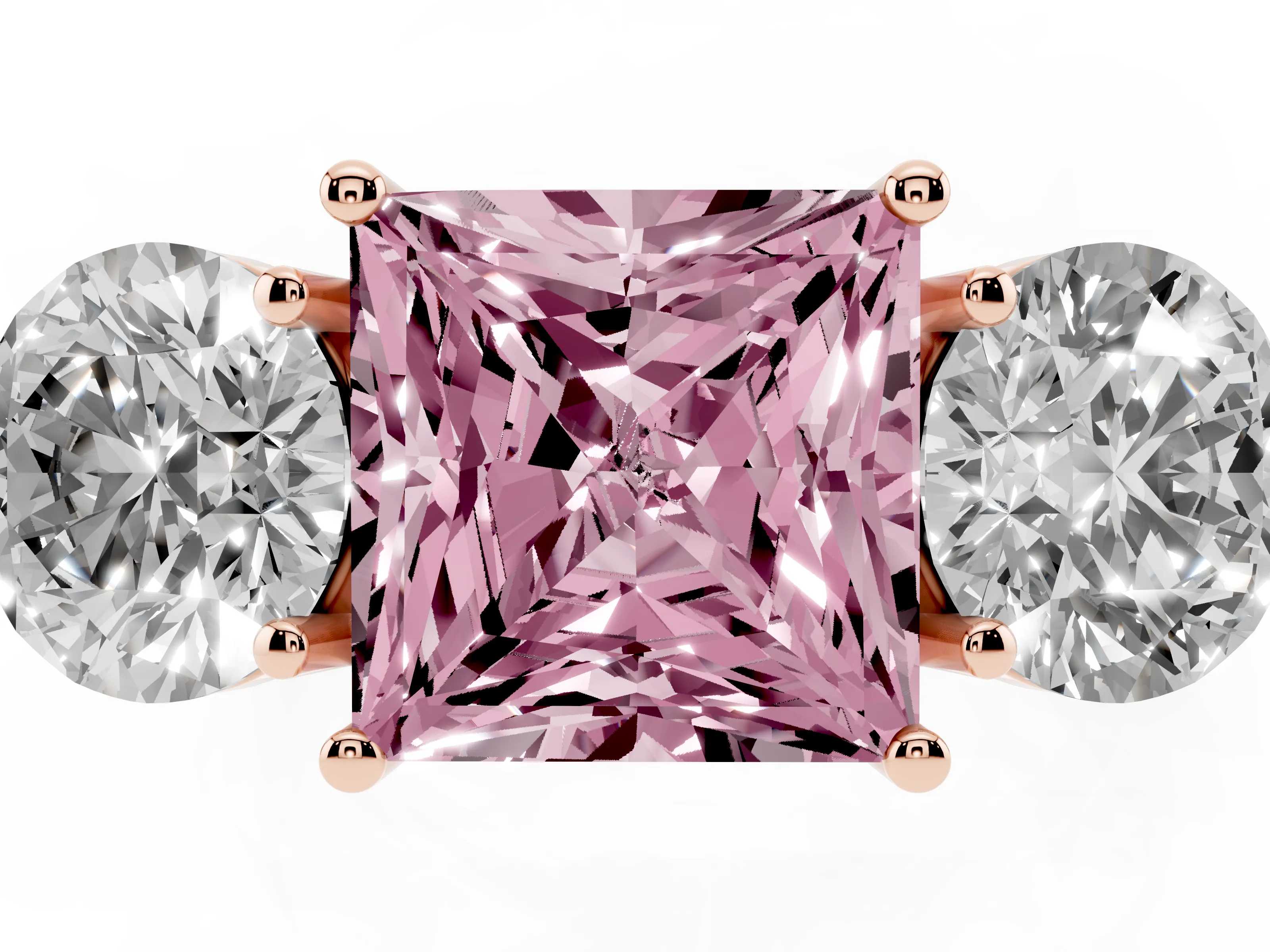 Fancy Pink Princess Cut Diamond Three-Stone Ring Set in Rose gold with Prong Setting and Plain Band