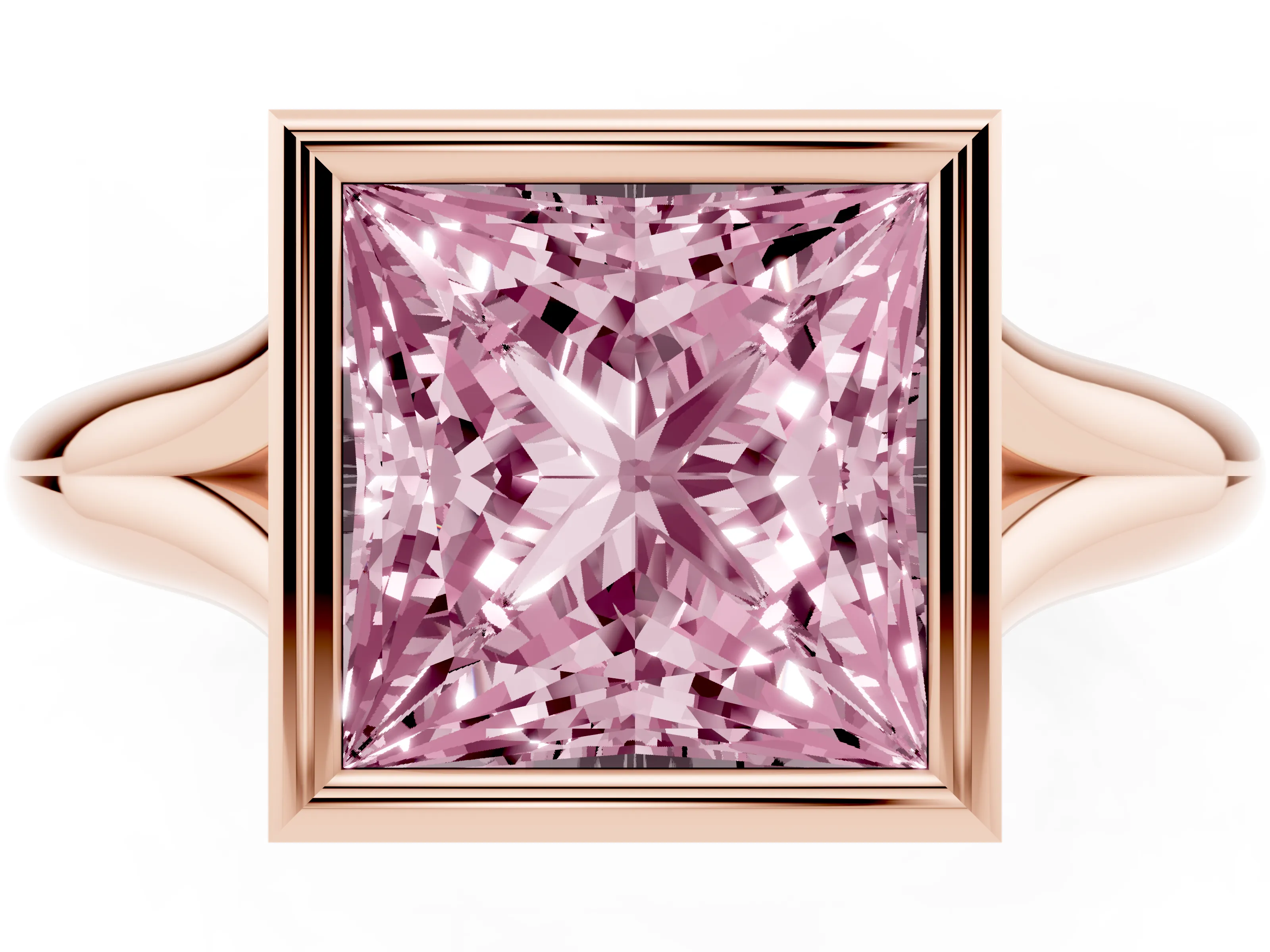 Fancy Pink Bezel Set Princess Cut Diamond Solitaire Ring Set in Rose gold with Smooth Band