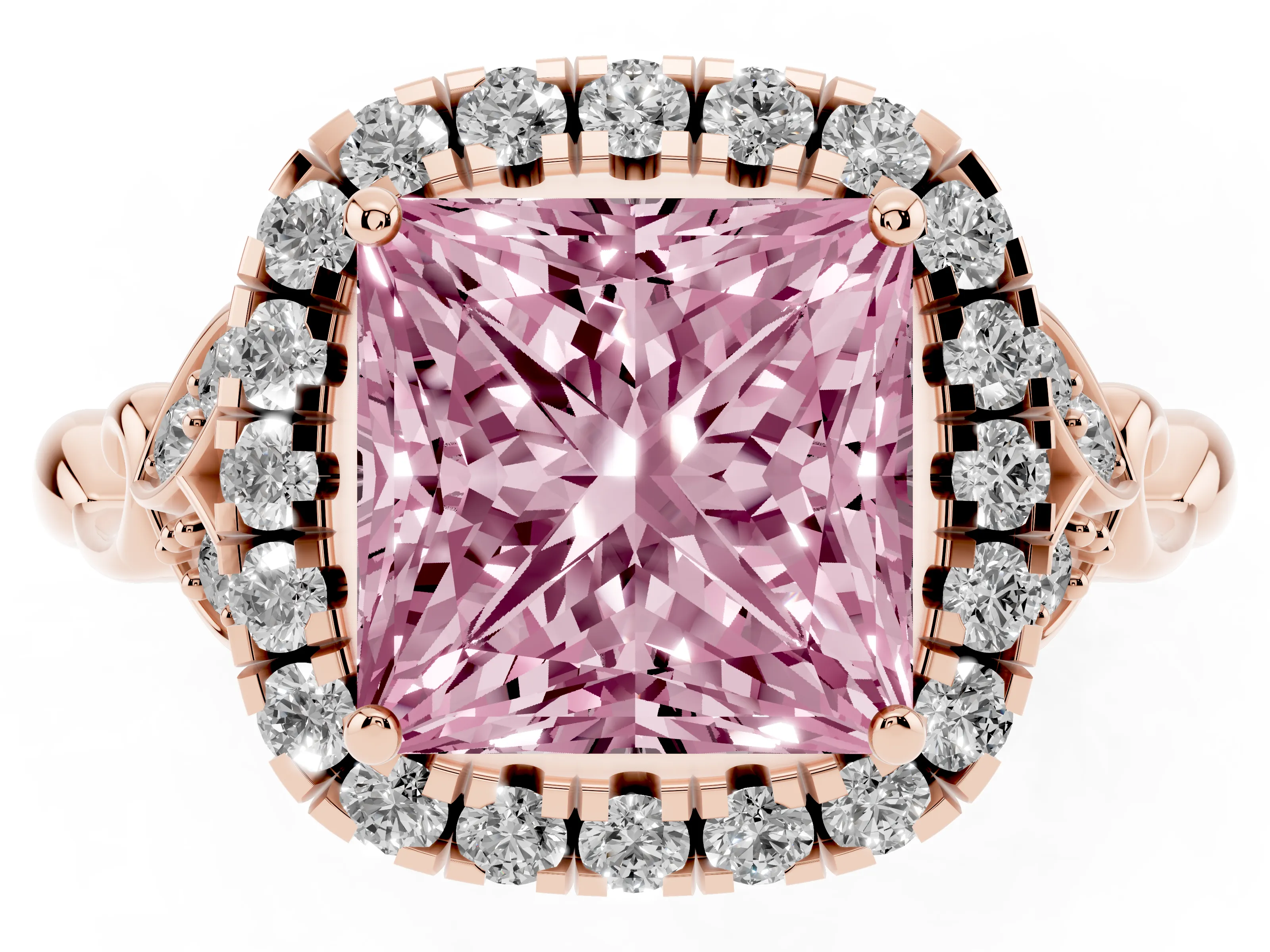 Fancy Pink Princess Cut Diamond Halo Engagement Ring Set in Rose gold with Vintage-Inspired Band and Prong Setting