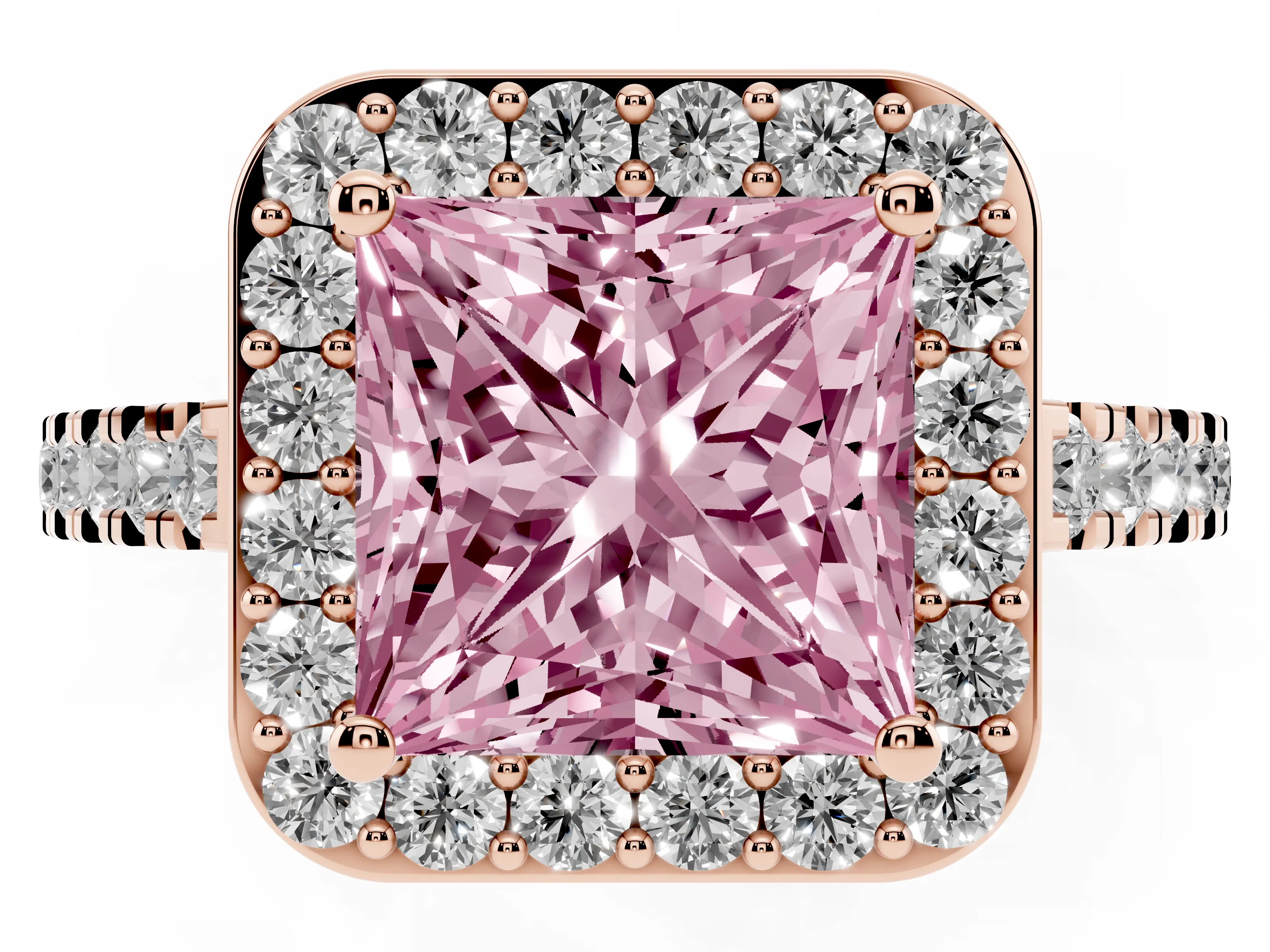 Fancy Pink Princess Cut Diamond Halo Ring Set in Rose gold with Round Pavé Split Shank and Prong Setting