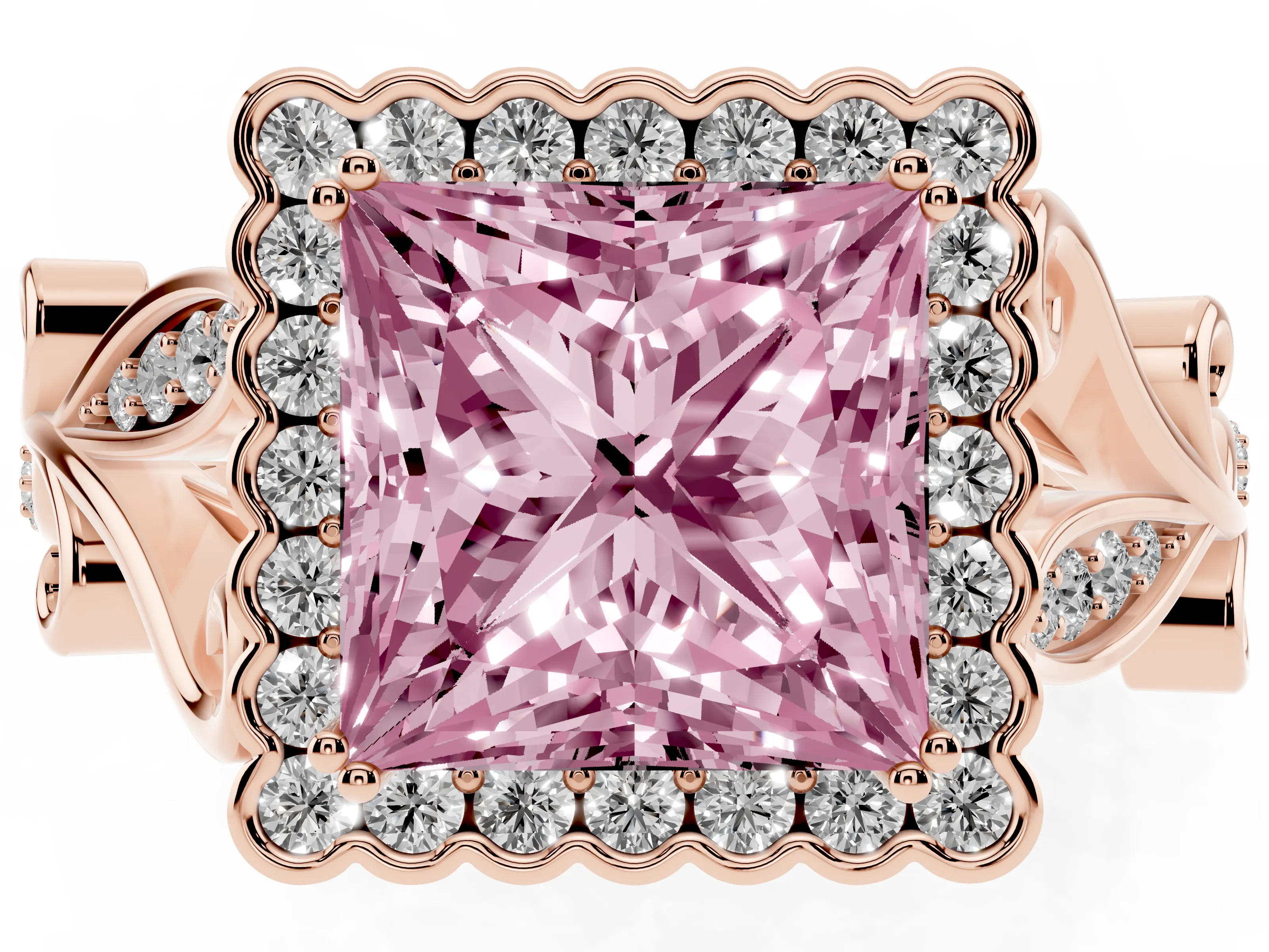 Fancy Pink Princess Cut Diamond Halo Ring Set in Rose gold with Leaf Motif Split Shank and Prong Setting