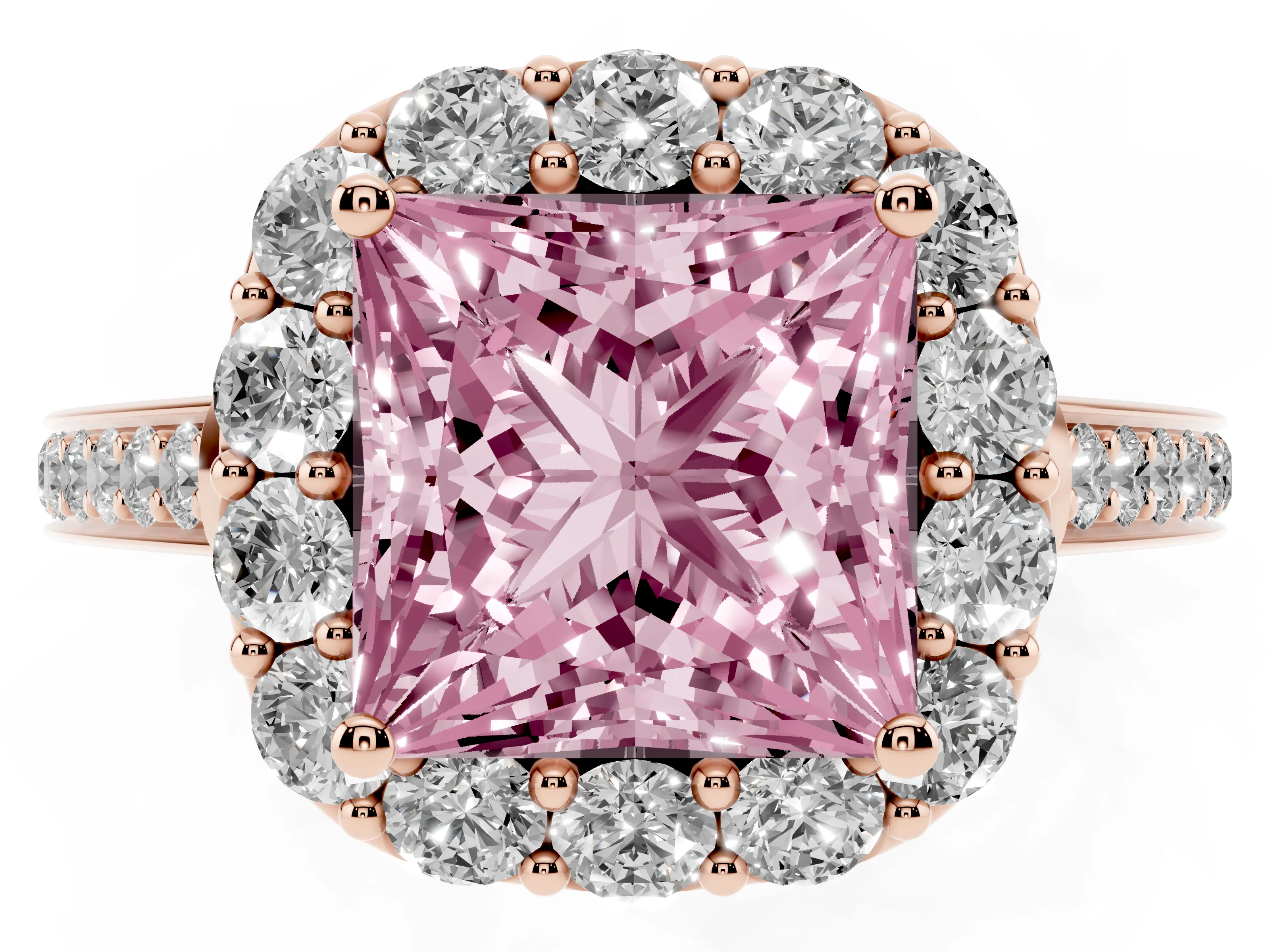 Fancy Pink Princess Cut Diamond Floral Halo Ring Set in Rose gold with Pavé Band and Prong Setting