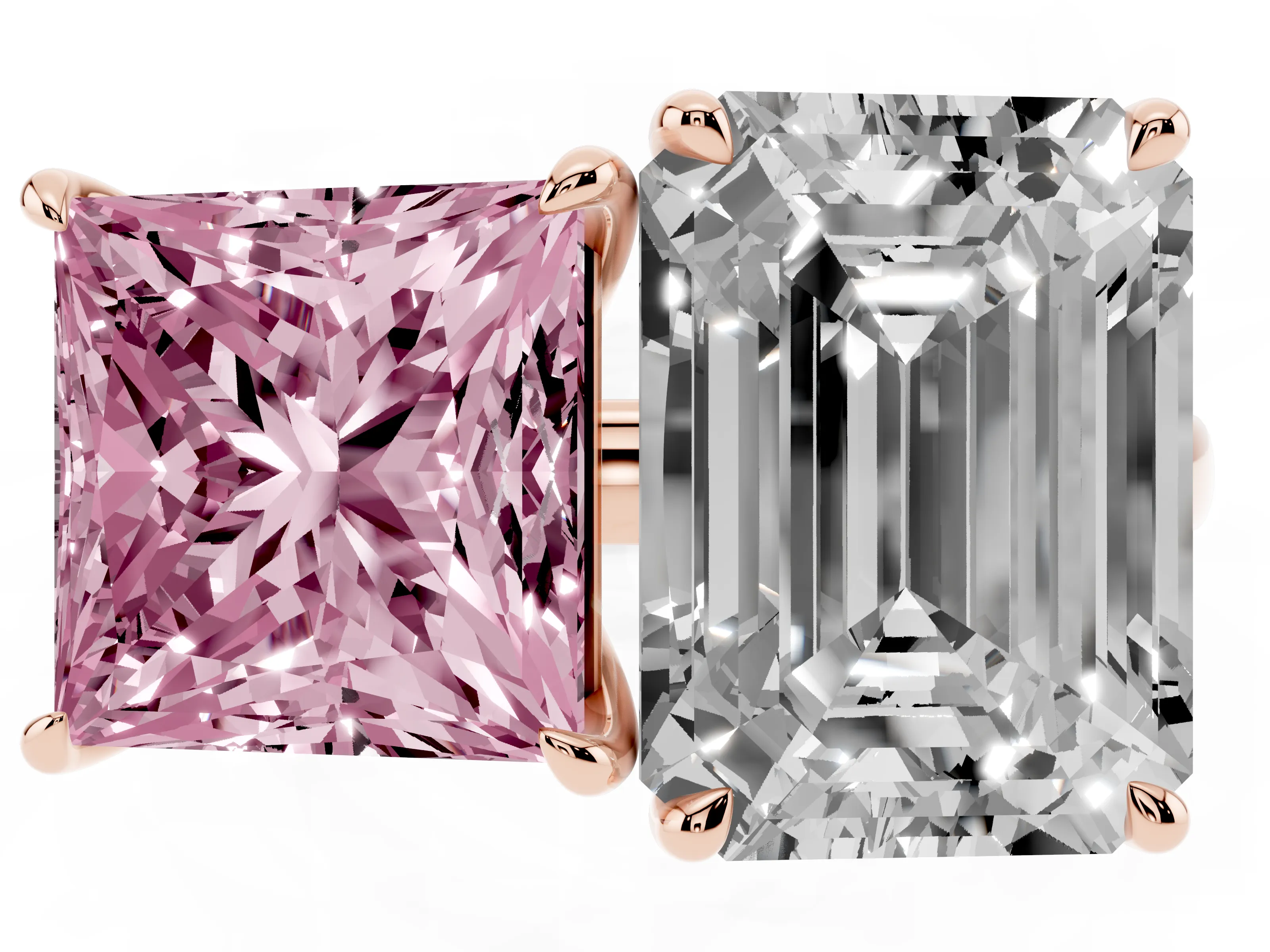 Fancy Pink Princess Cut and Emerald Cut Toi Moi Ring Set in Rose gold with Prong Setting