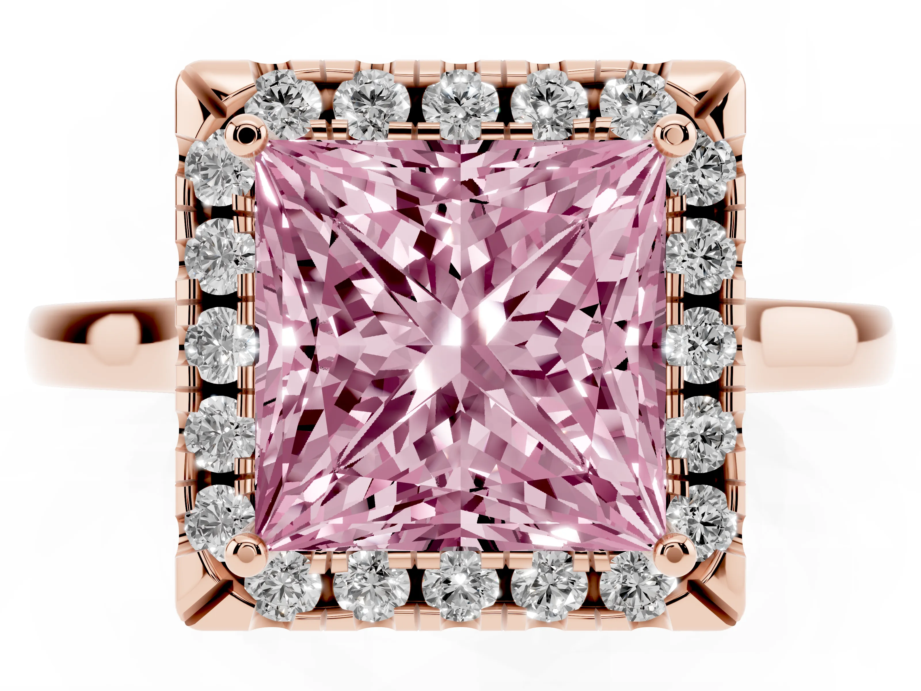 Fancy Pink Princess Cut Halo Round Diamond Solitaire Ring Set in Rose gold with Pavé Band and Prong Setting