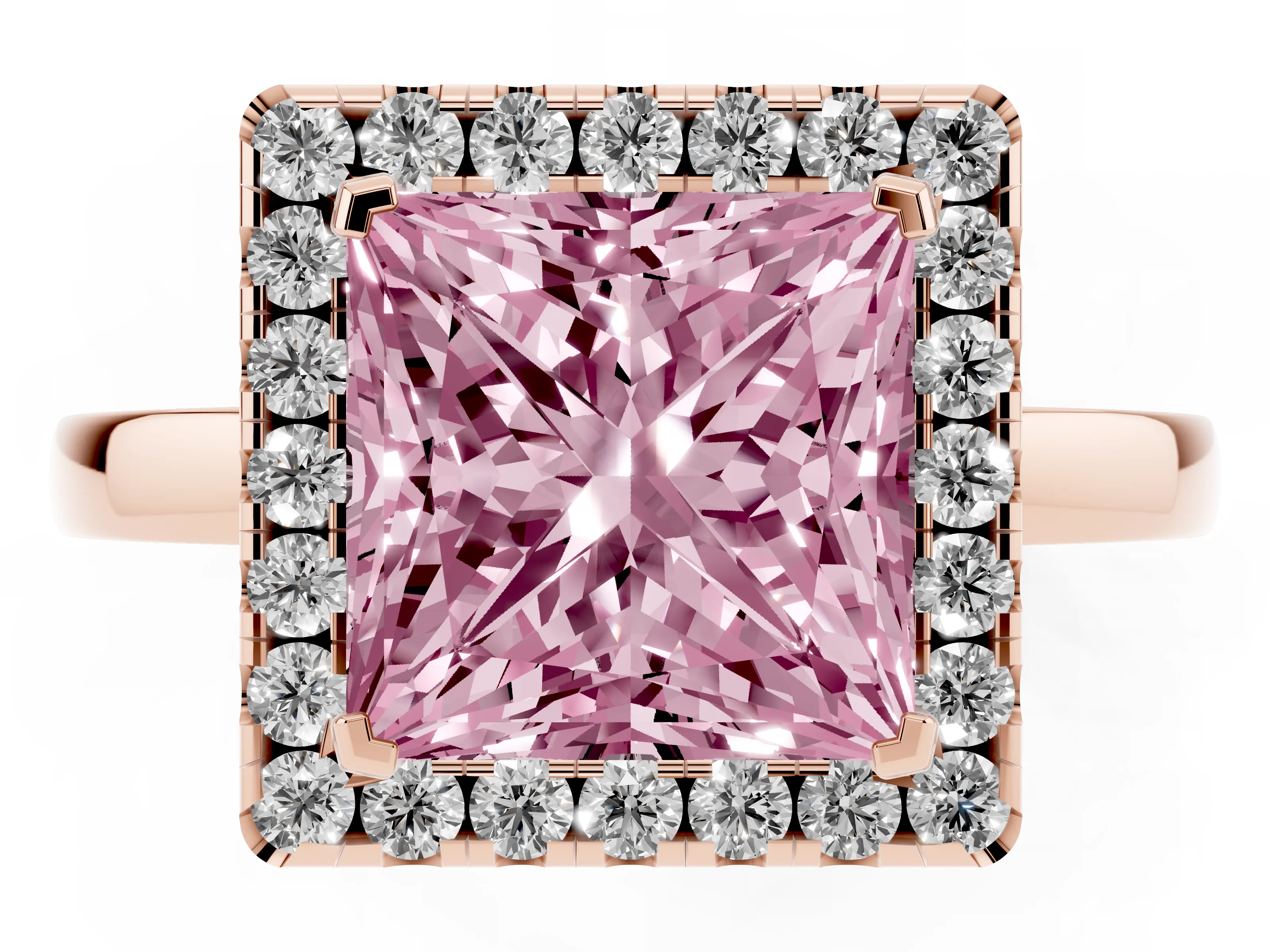 Fancy Pink Princess Cut Diamond Halo Solitaire Ring Set in Rose gold with Pavé Band and Prong Setting