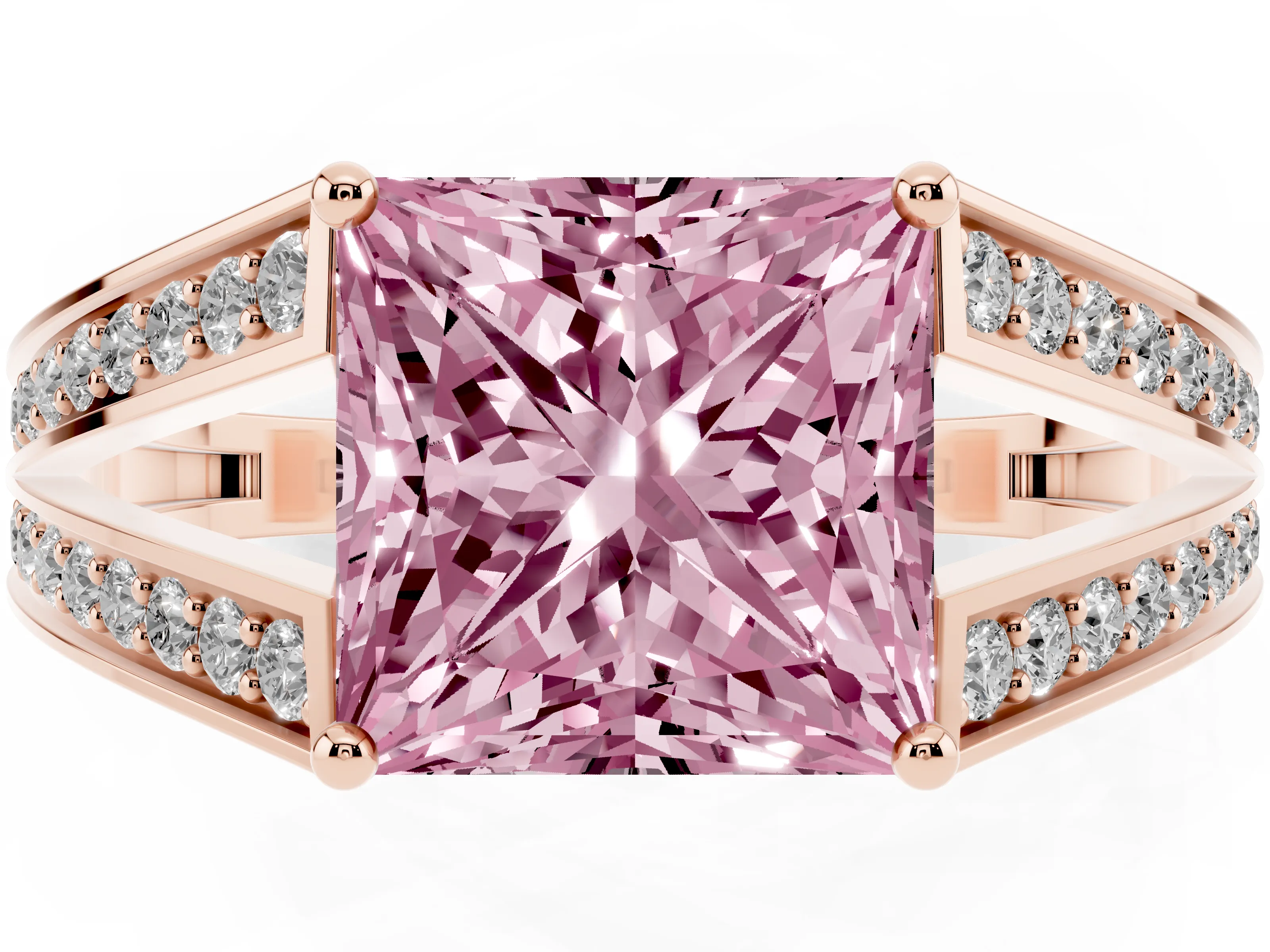Fancy Pink Princess Cut Diamond Split Shank Ring Set in Rose gold with Pavé Band and Prong Setting