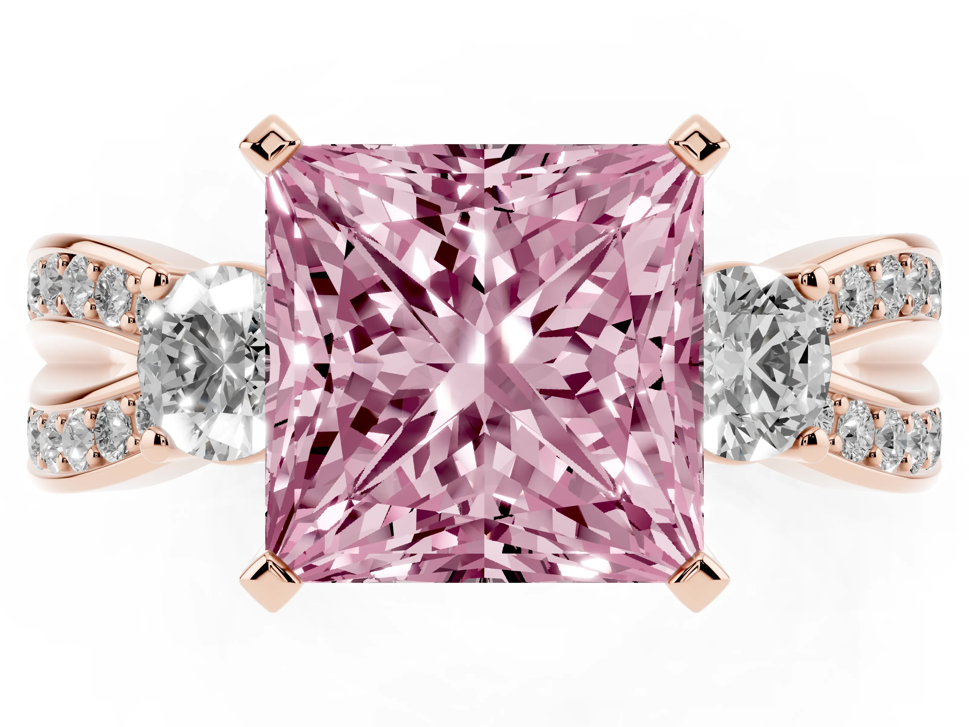 Fancy Pink Three-Stone Princess Cut Diamond Twist Band Ring Set in Rose gold with Pavé Accents and Prong Setting