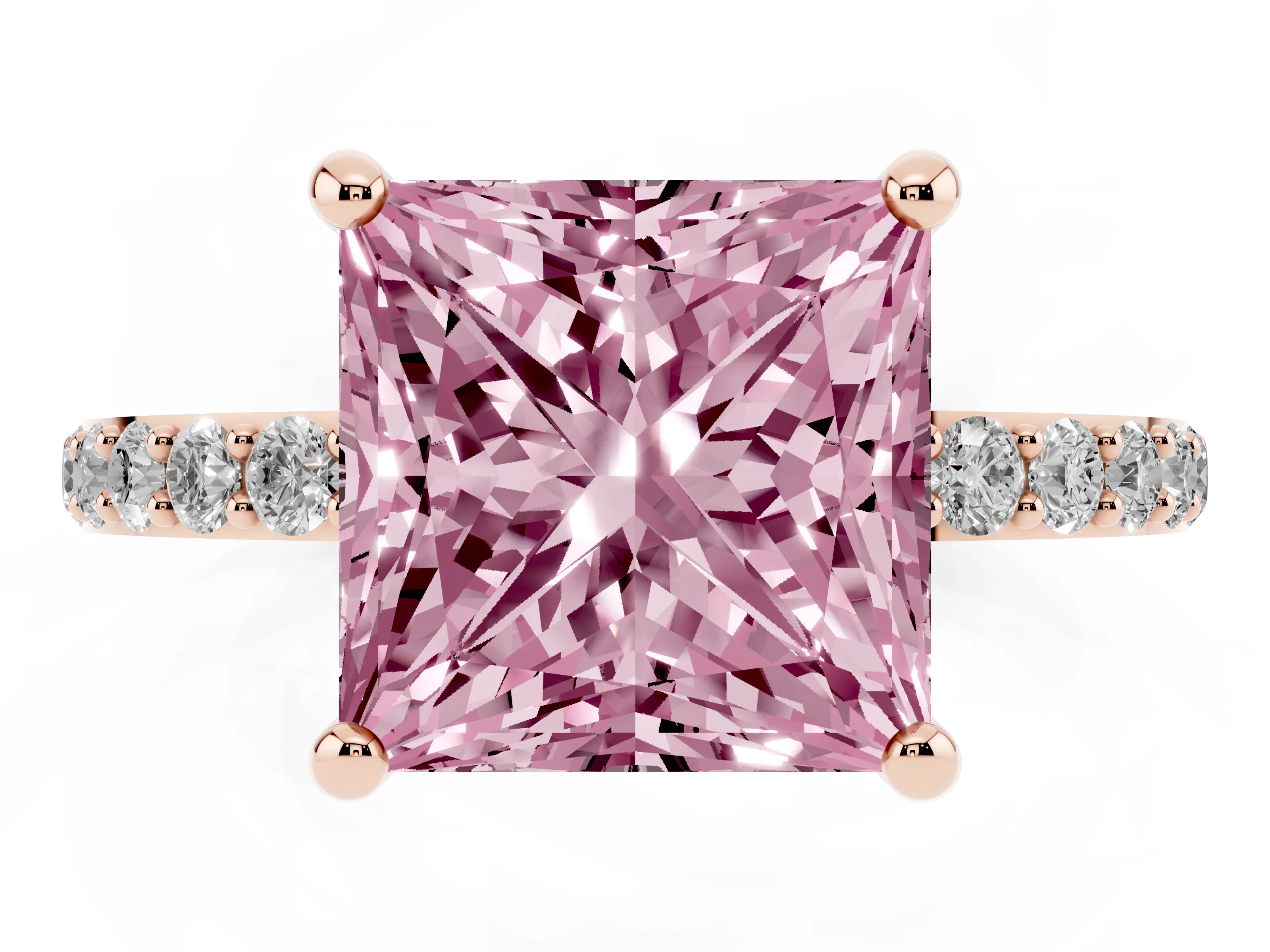 Fancy Pink Princess Cut Diamond Solitaire Ring Set in Rose gold with Round Pavé Band and Prong Setting