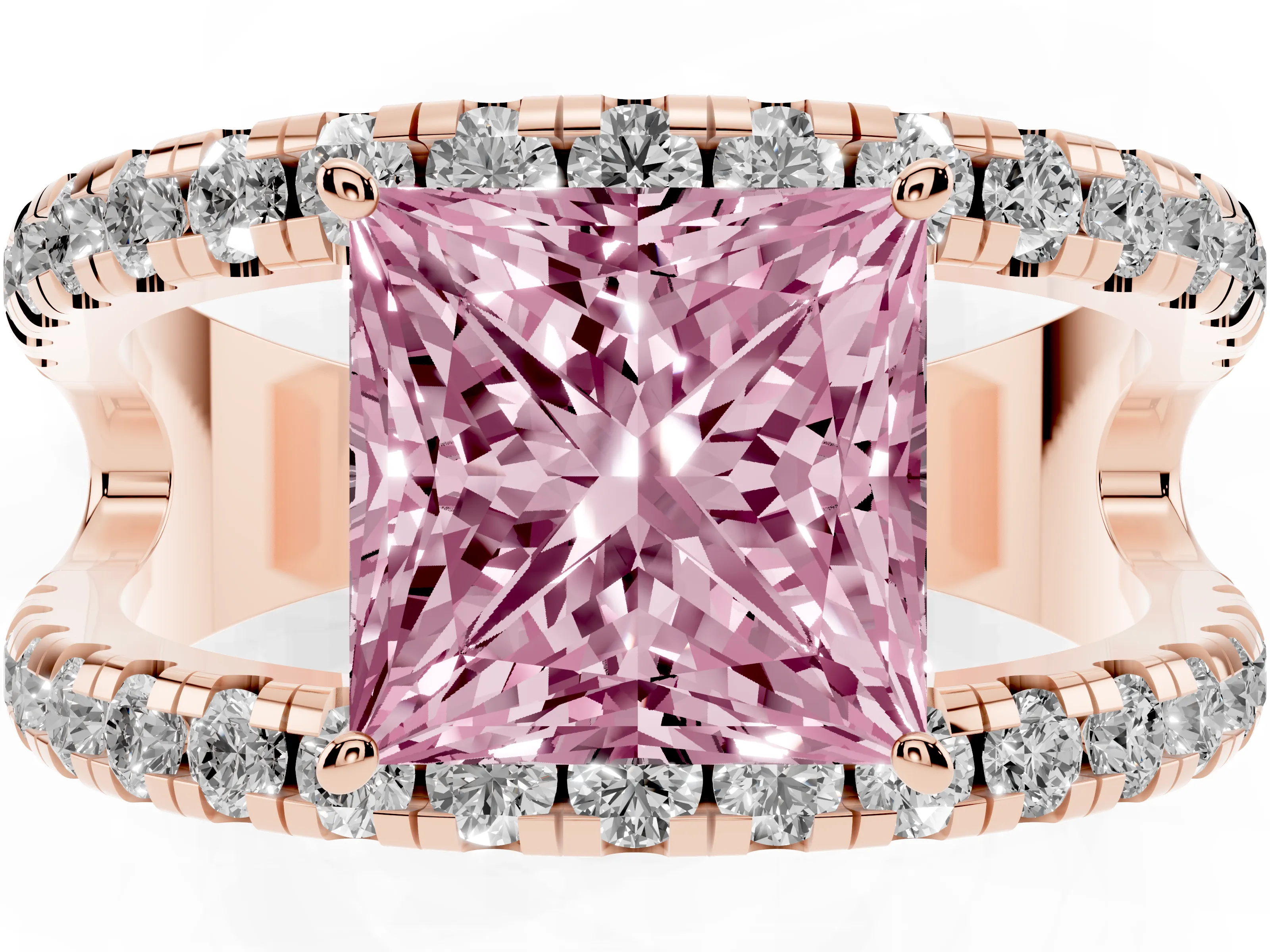 Fancy Pink Princess Cut Diamond Split Shank Pavé Solitaire Ring Set in Rose gold with Open Shank Design