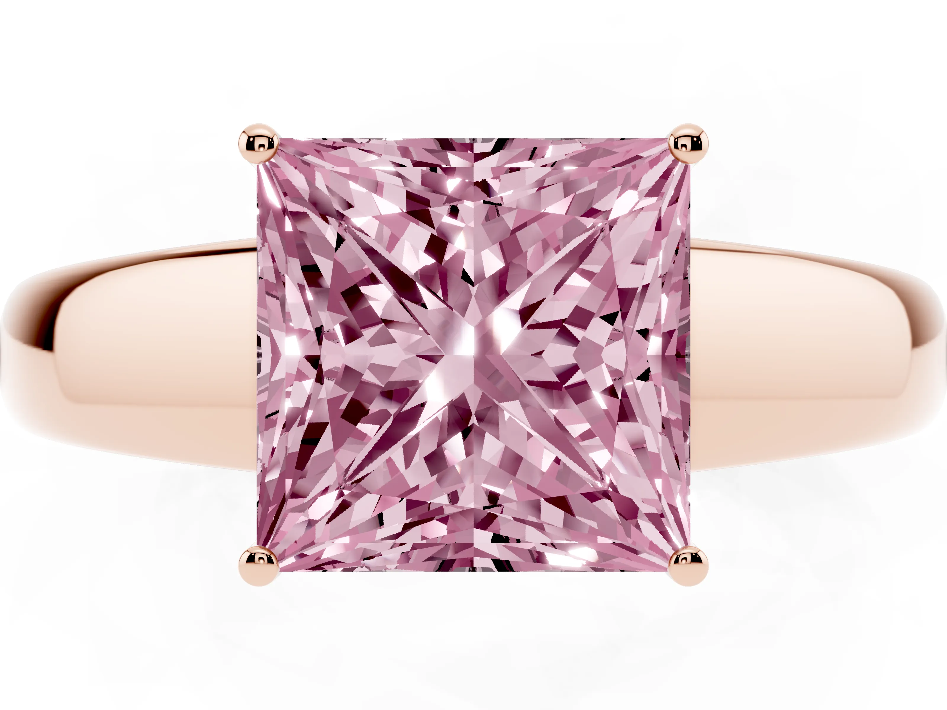Fancy Pink Princess Cut Diamond Solitaire Ring Set in Rose gold with Tapered Band and Prong Setting