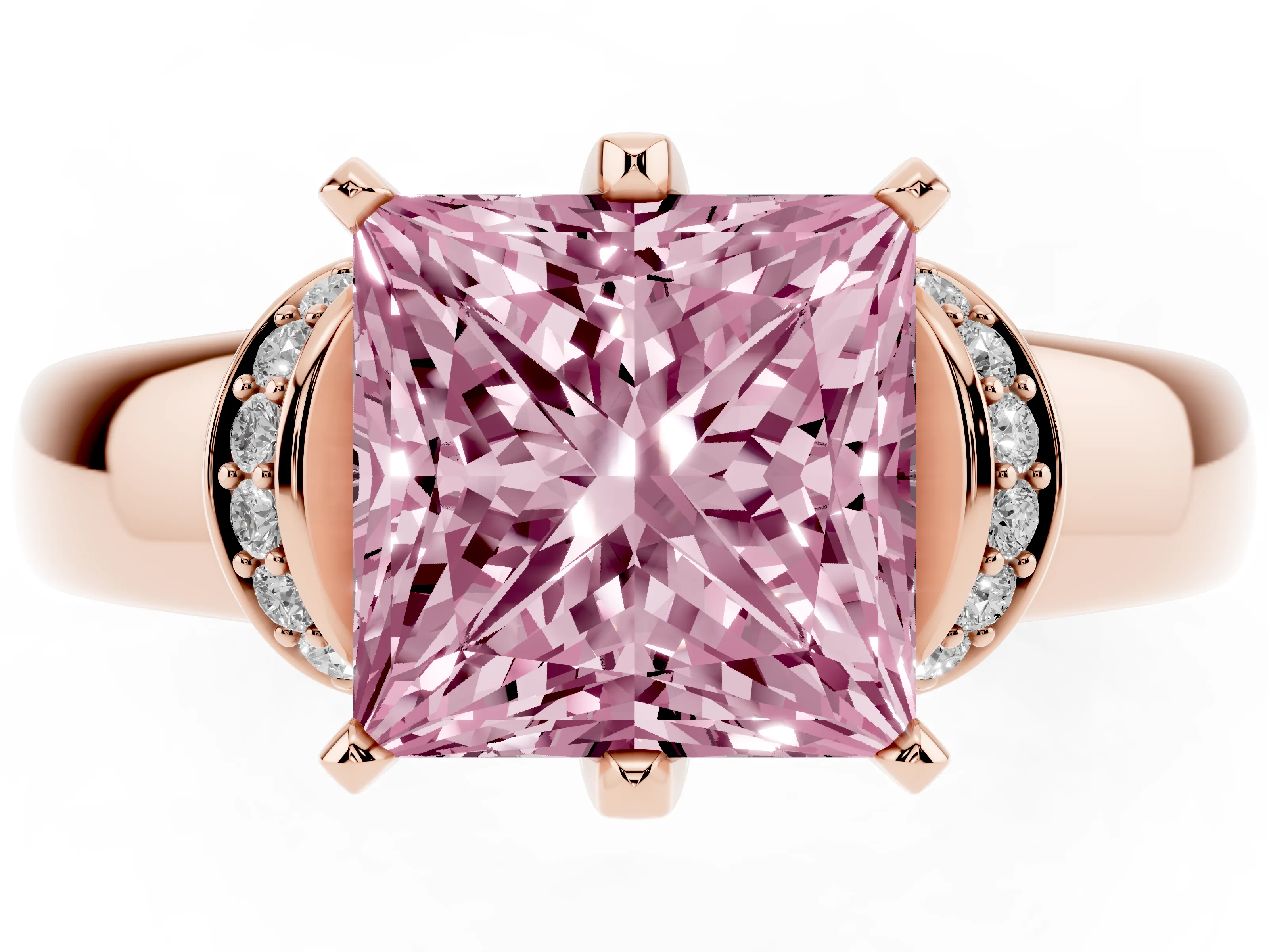 Fancy Pink Princess Cut Diamond Pavé Band Solitaire Ring Set in Rose gold with Prong Setting