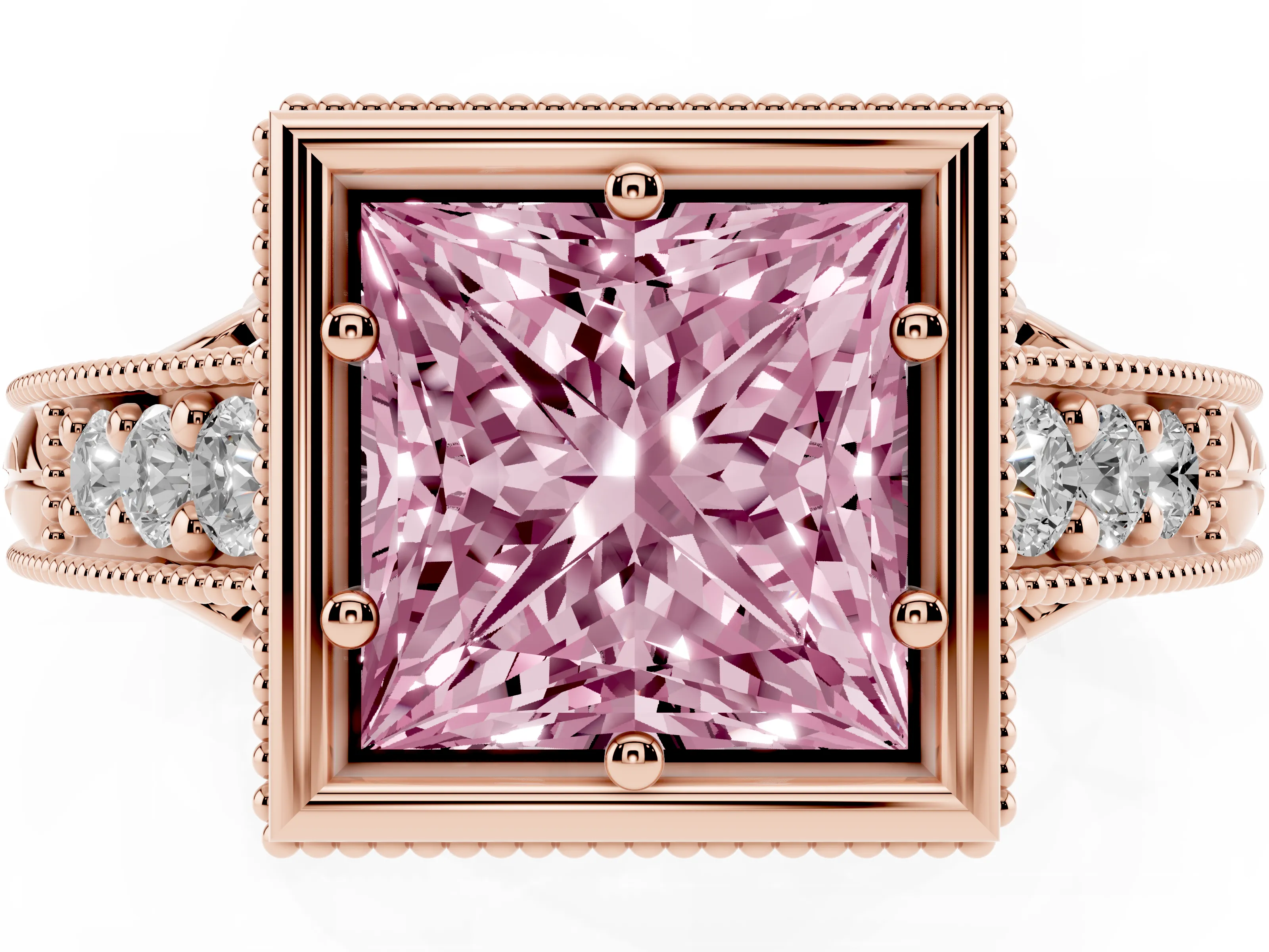 Fancy Pink Bezel Set Princess Cut Diamond Milgrain Pavé Engagement Ring Set in Rose gold