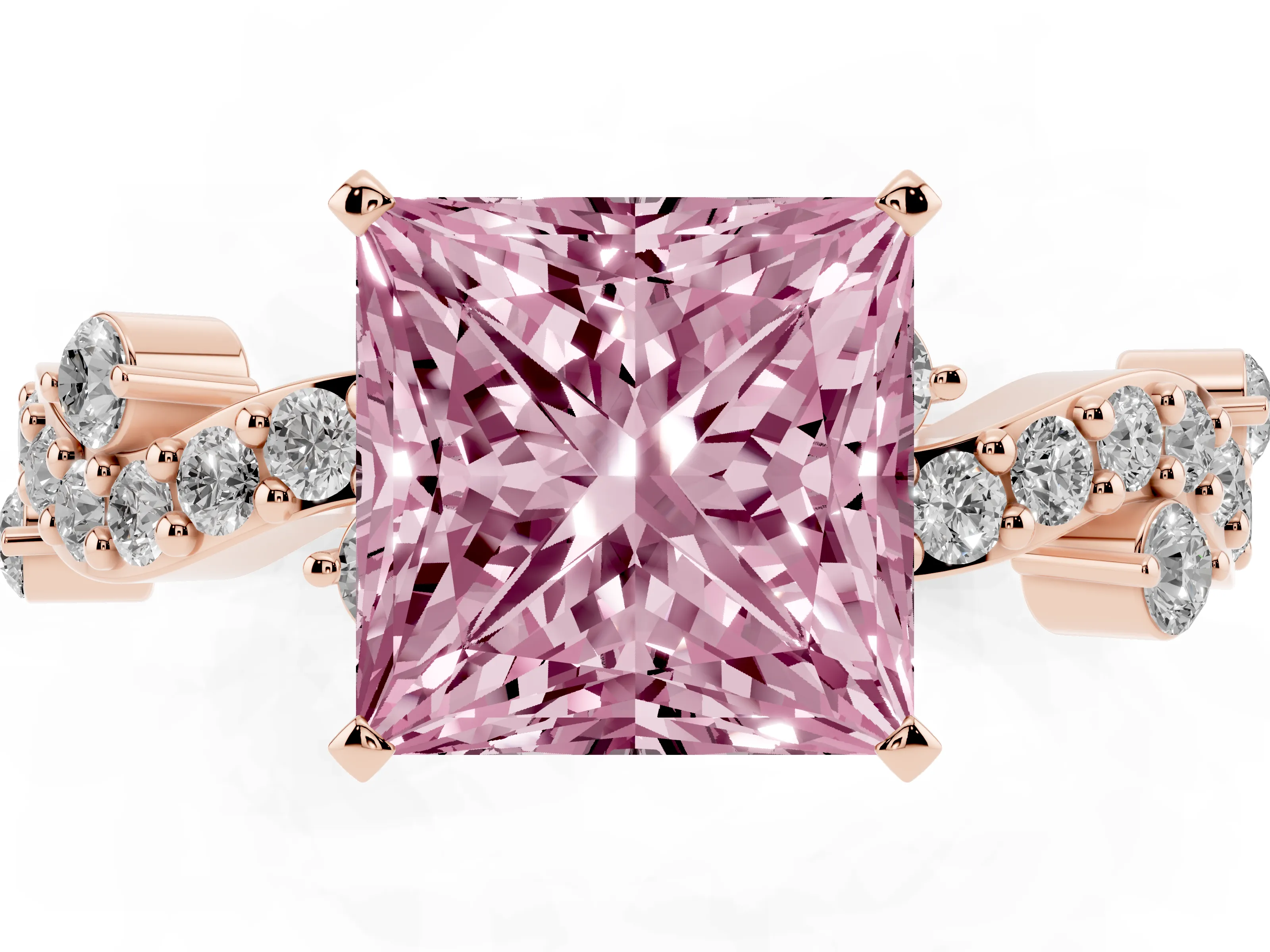 Fancy Pink Princess Cut Diamond Solitaire Twisted Band Set in Rose gold with Pavé Setting