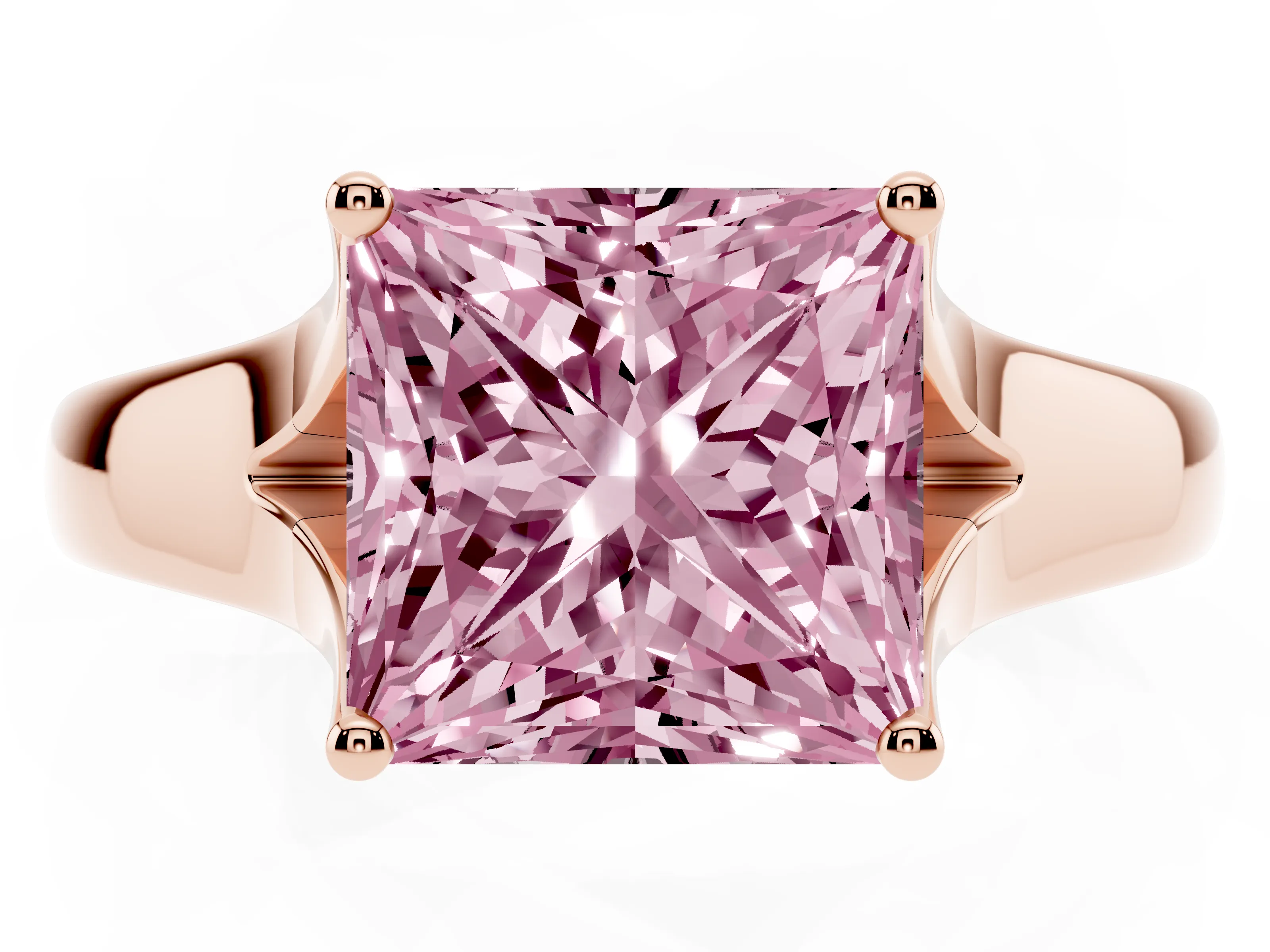 Fancy Pink Princess Cut Diamond Solitaire Ring Set in Rose gold with Arched Cathedral Band and Prong Setting