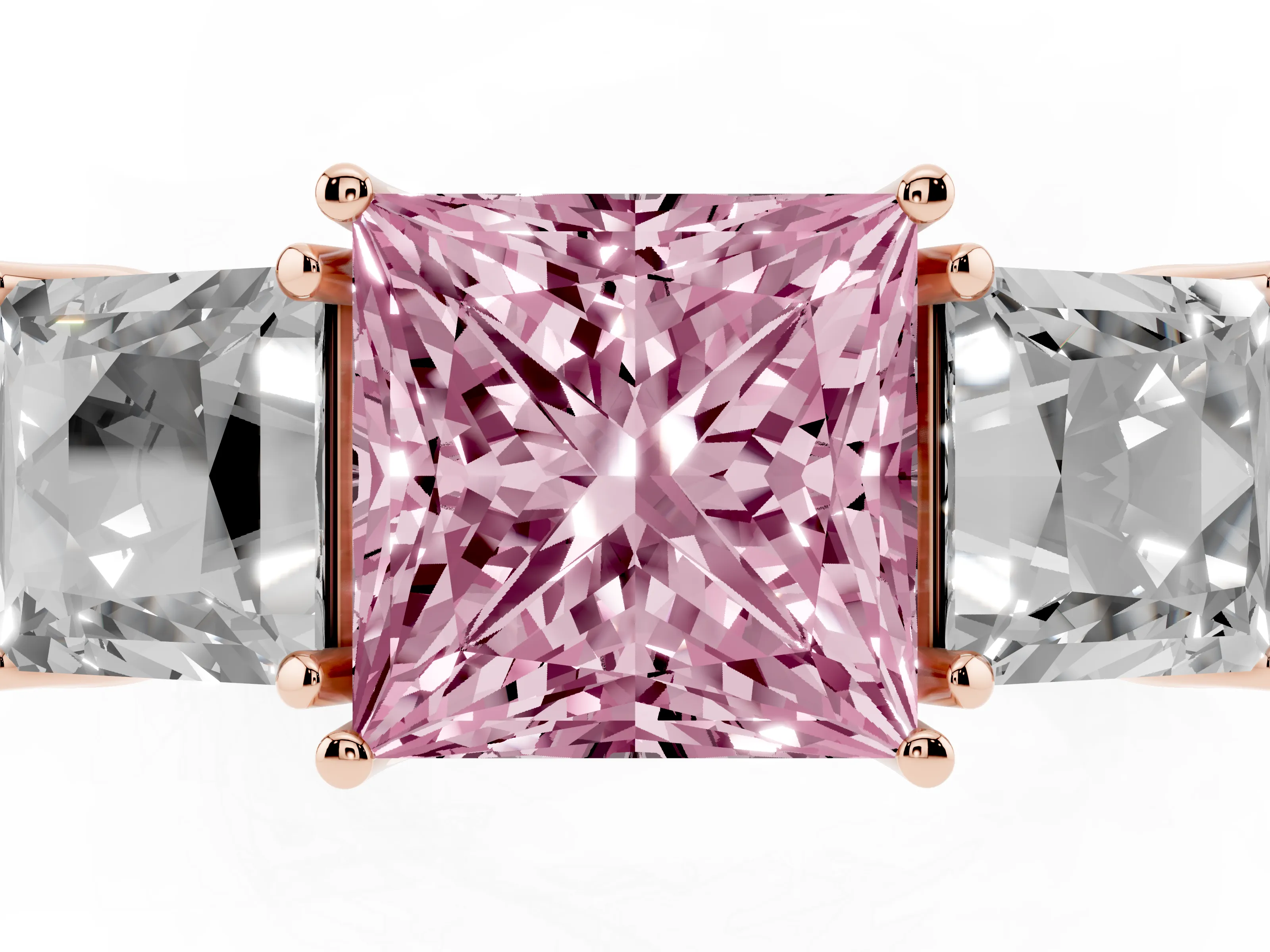 Fancy Pink Princess Cut Diamond Three-Stone Engagement Ring Set in Rose gold with Milgrain Pavé Band