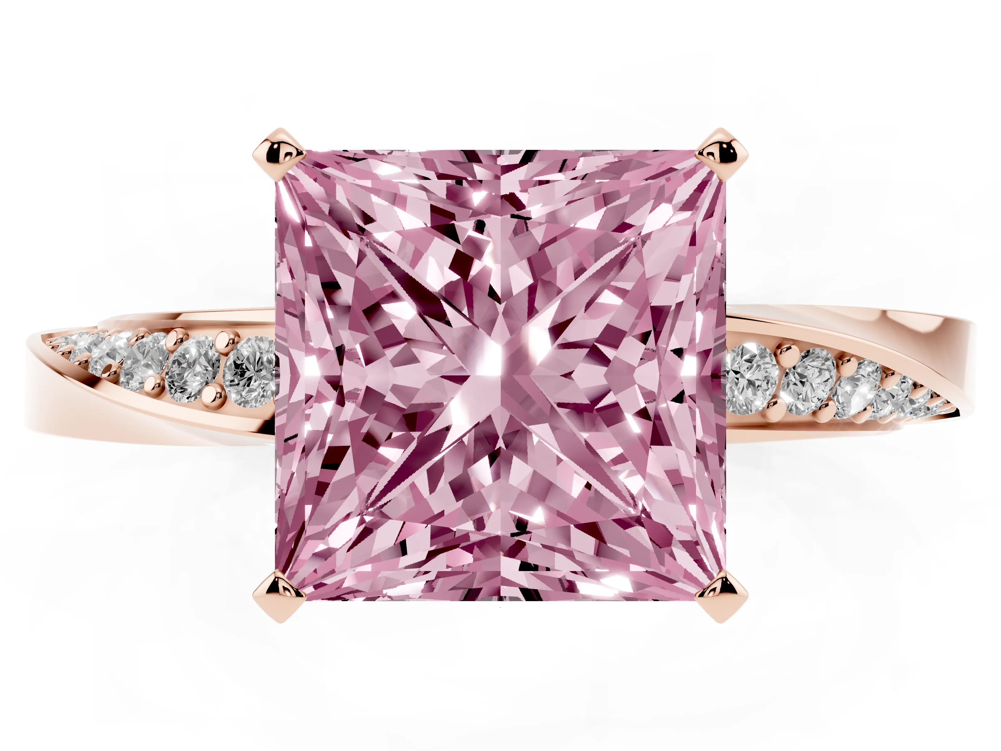 Fancy Pink Princess Cut Diamond Engagement Ring Set in Rose gold with Side Stone Accents and Prong Setting