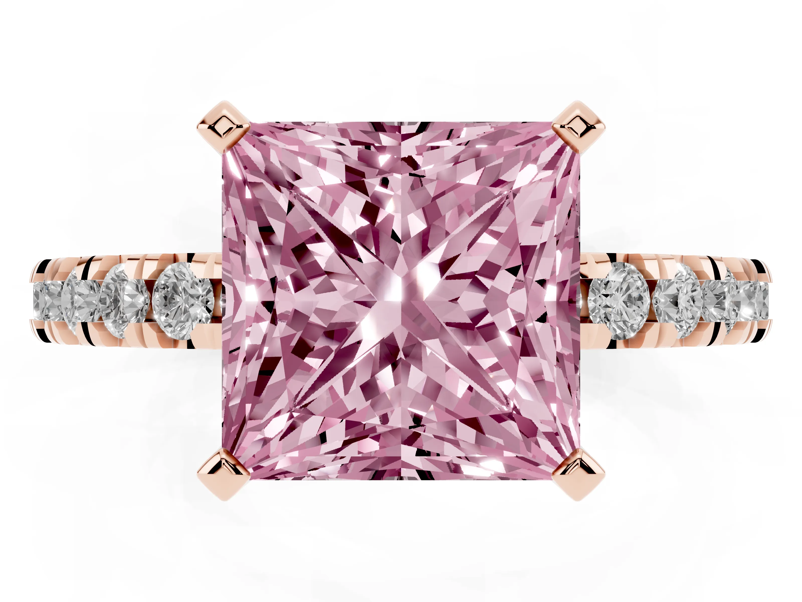 Fancy Pink Princess Cut Diamond Pavé Band Solitaire Set in Rose gold with Prong Setting