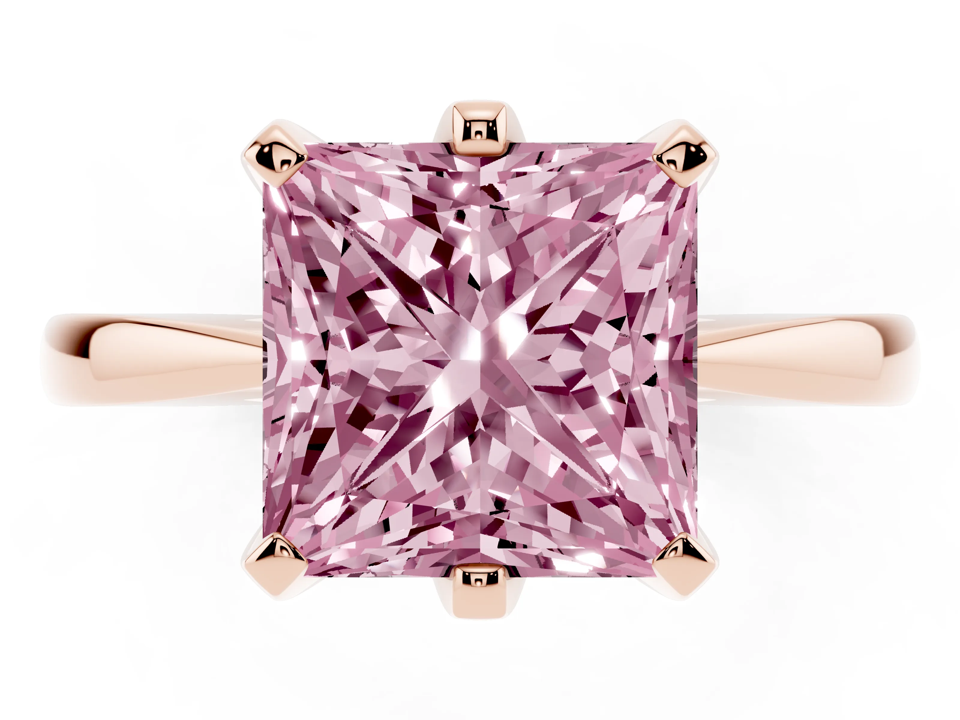 Fancy Pink Princess Cut Diamond Solitaire Engagement Ring Set in Rose gold with Slim Tapered Solitaire Band