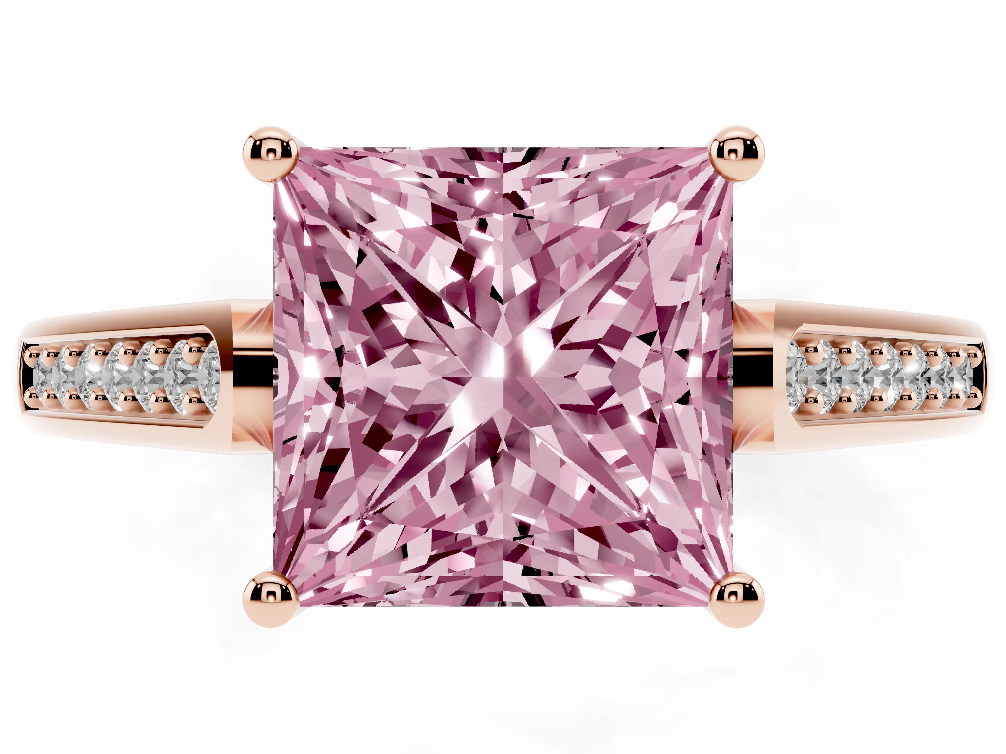 Fancy Pink Princess Cut Diamond Solitaire Cathedral Engagement Ring Set in Rose gold with Channel-Set Band and Prong Setting