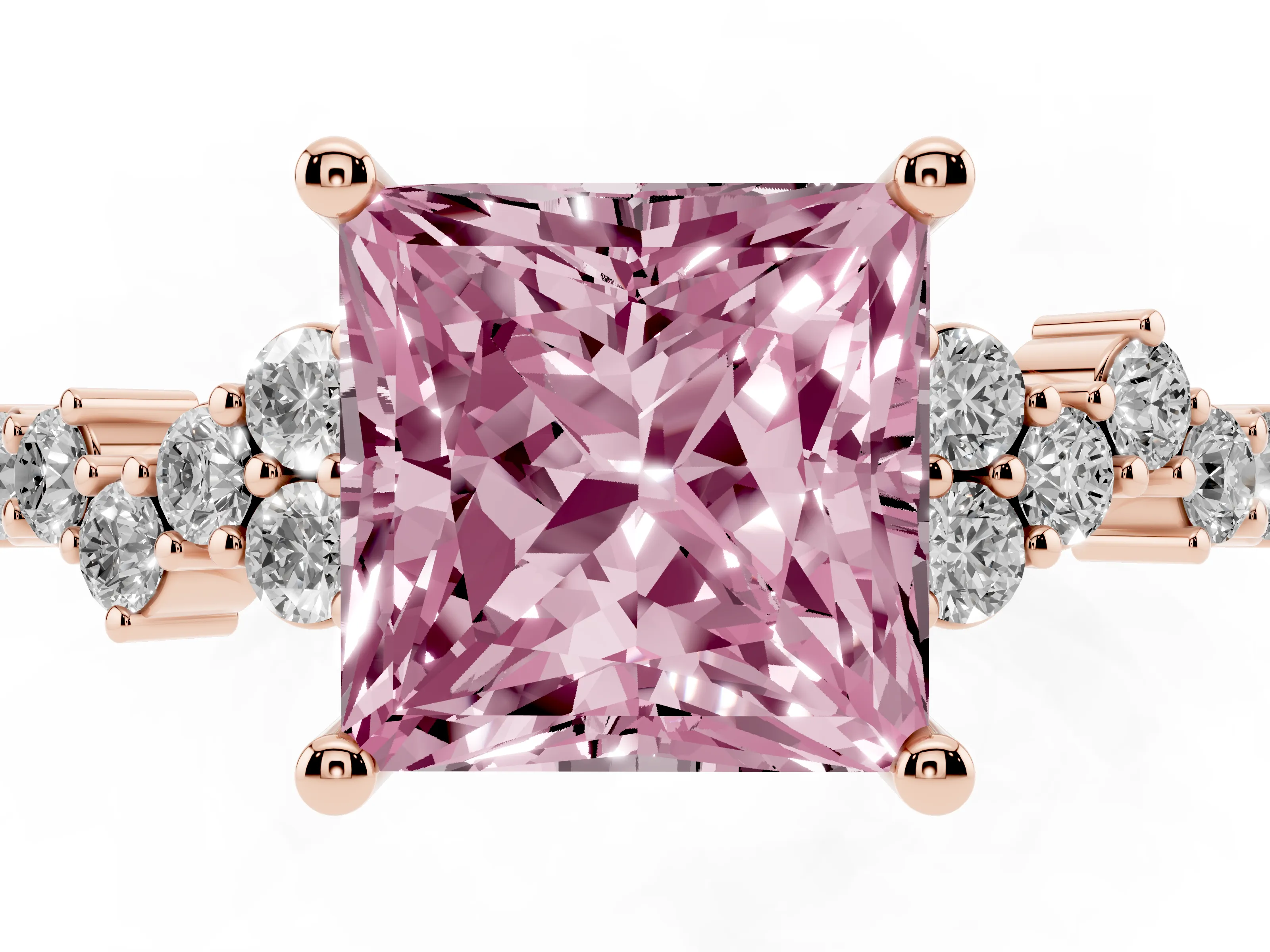 Fancy Pink Princess Cut Diamond Ring Set in Rose gold with Scattered Round Accents