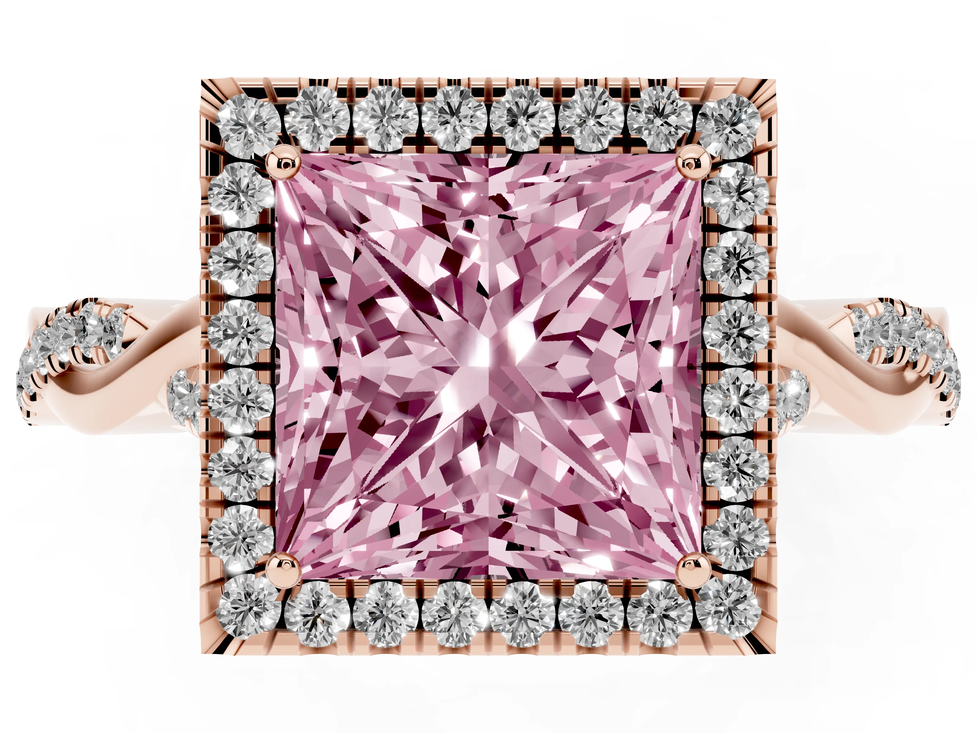 Fancy Pink Princess Cut Diamond Halo Twist Band Solitaire Ring Set in Rose gold with Prong Setting