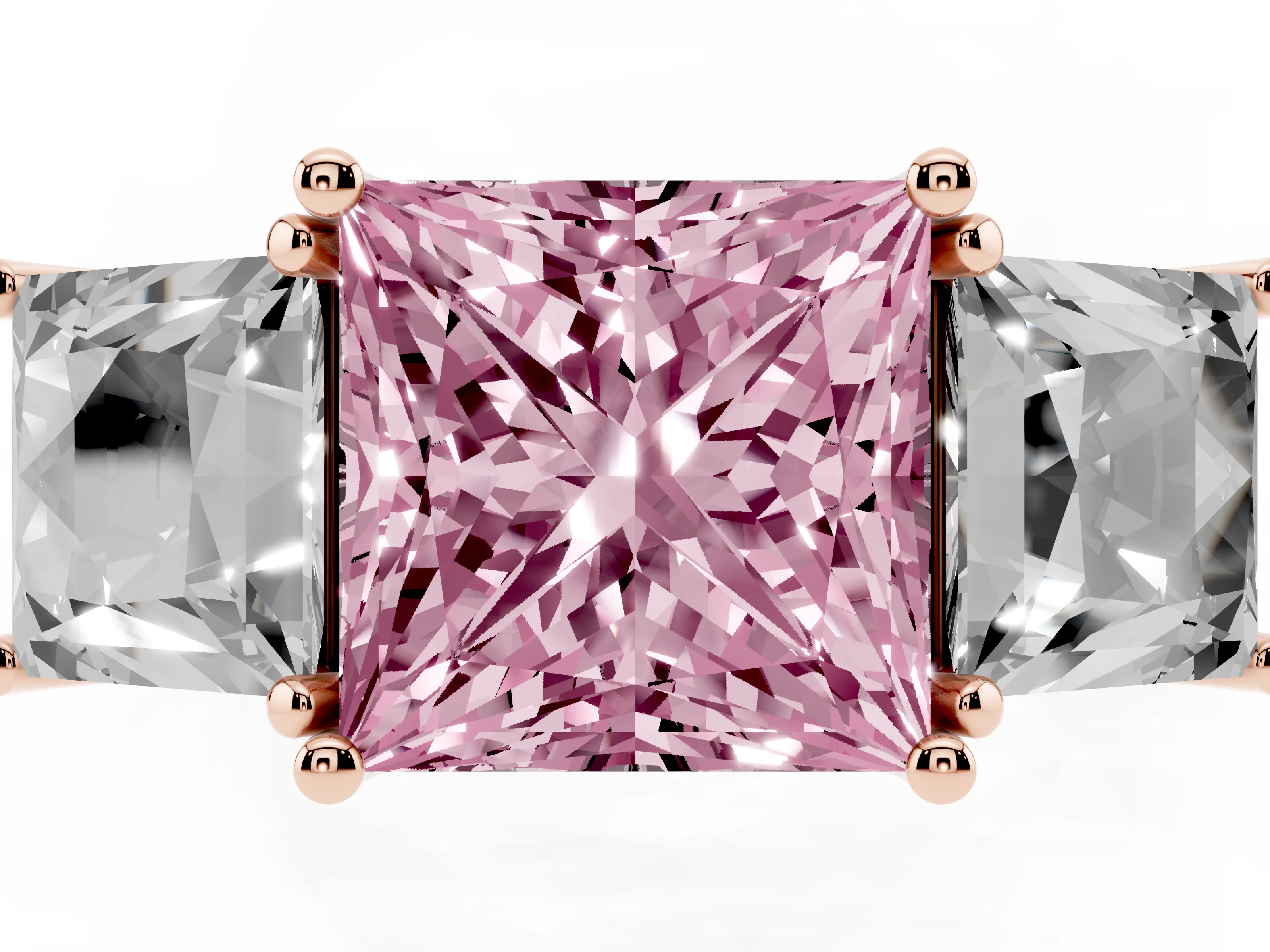 Fancy Pink Princess Cut Diamond Three-Stone Ring Set in Rose gold with Pavé Band