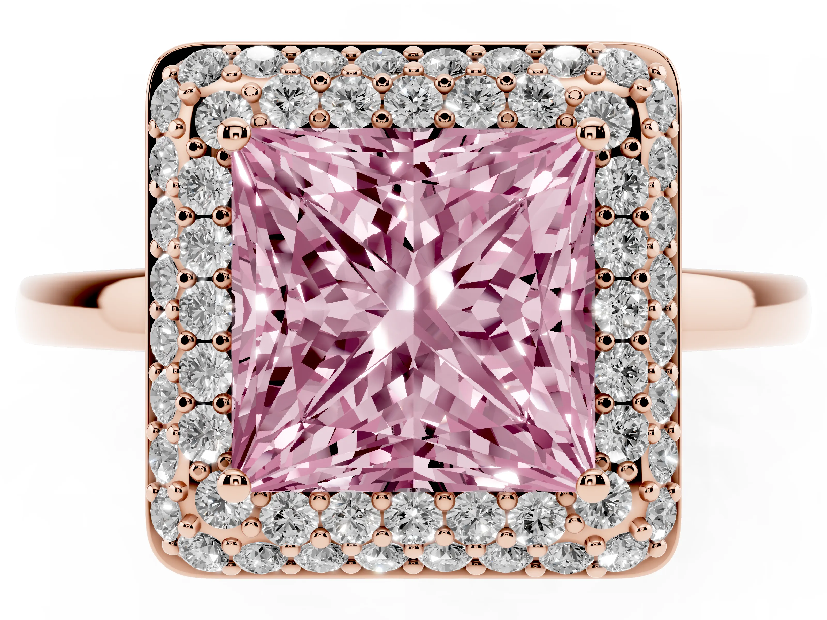 Fancy Pink Princess Cut Diamond Halo Engagement Ring Set in Rose gold with Solitaire Band and Prong Setting