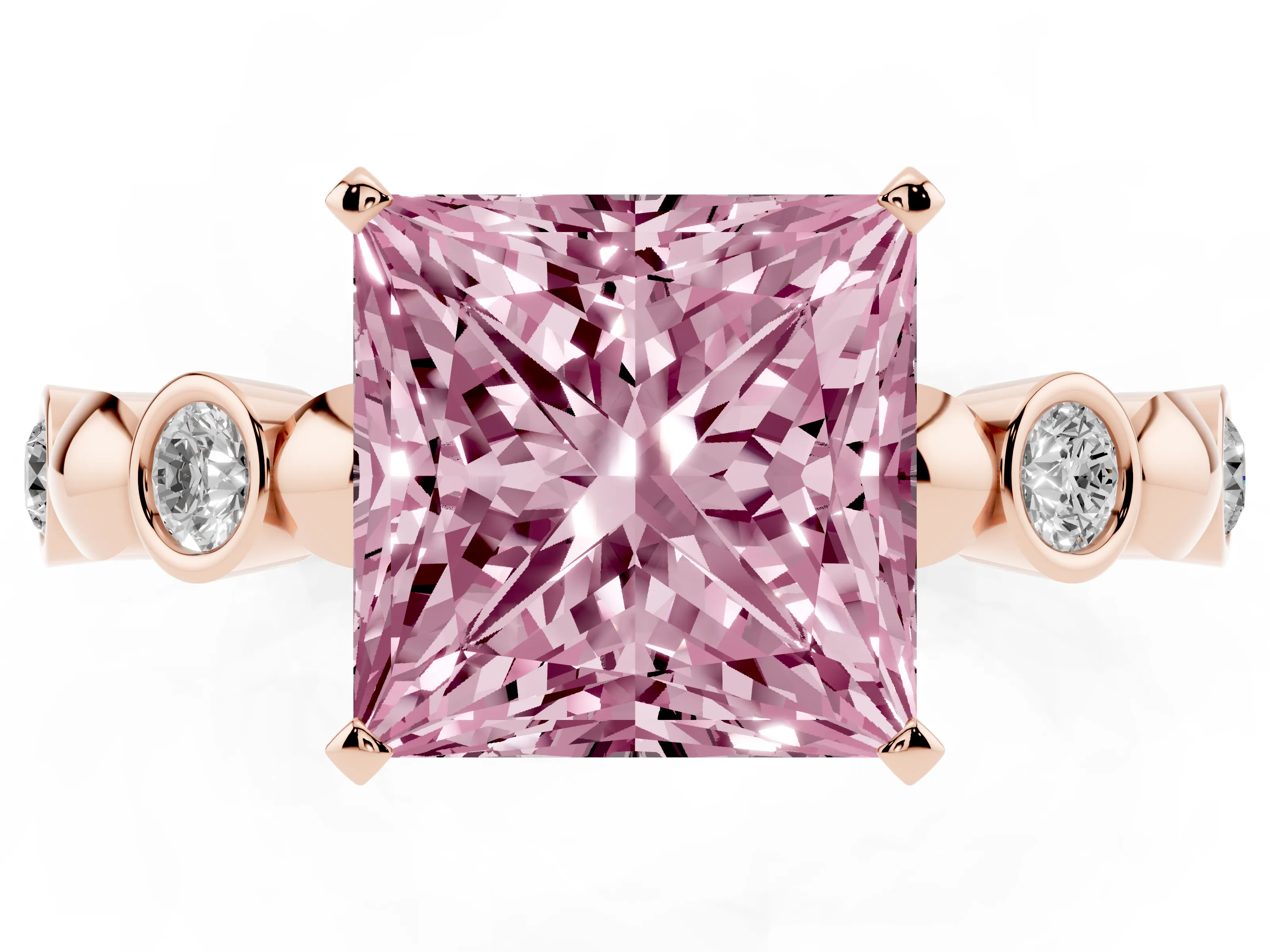Fancy Pink Princess Cut Diamond Solitaire Ring Set in Rose gold with Bezel-Set Accents on Beaded Band and Prong Setting