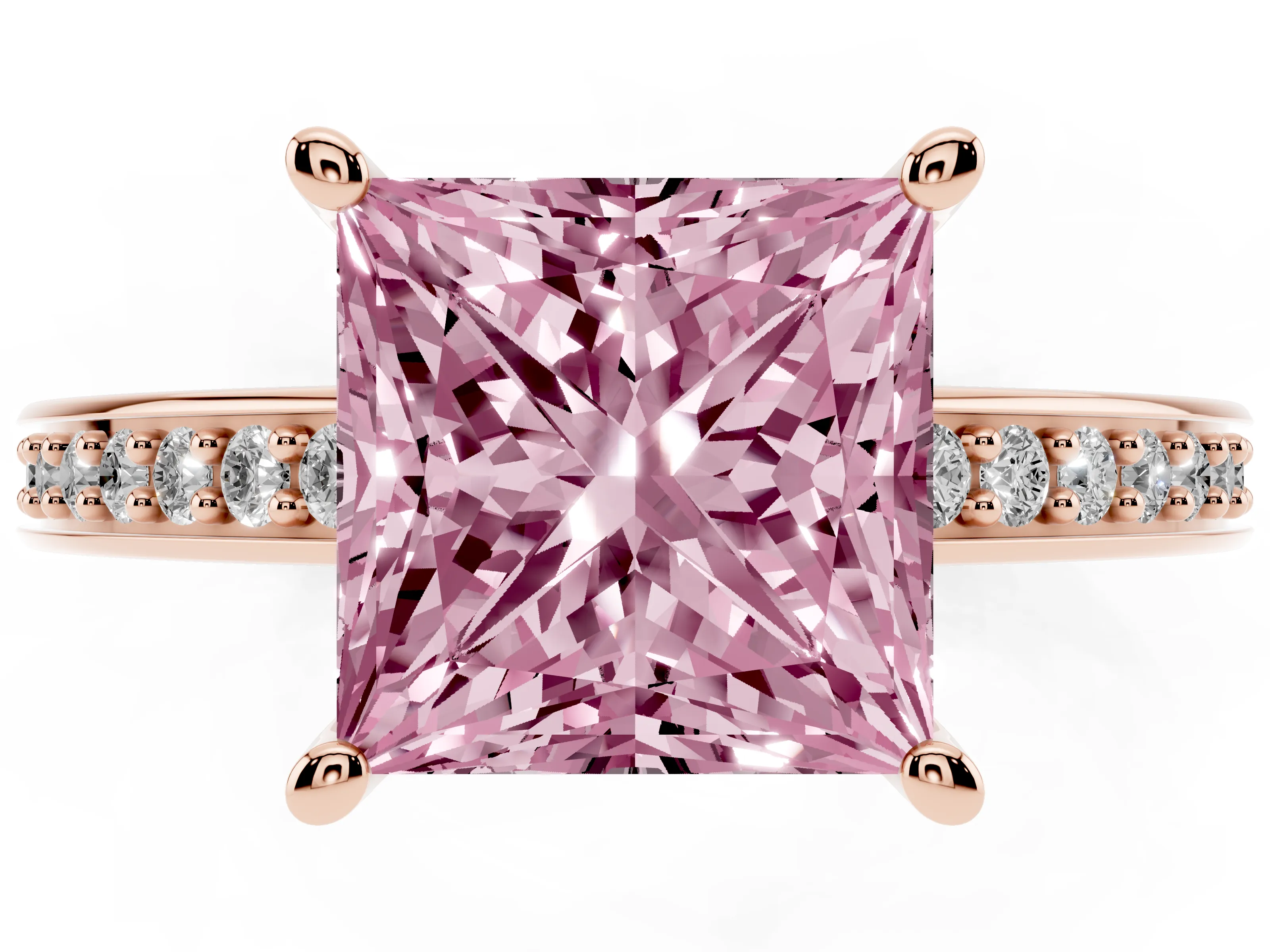 Fancy Pink Princess Cut Diamond Pavé Band Prong Set Solitaire Ring Set in Rose gold