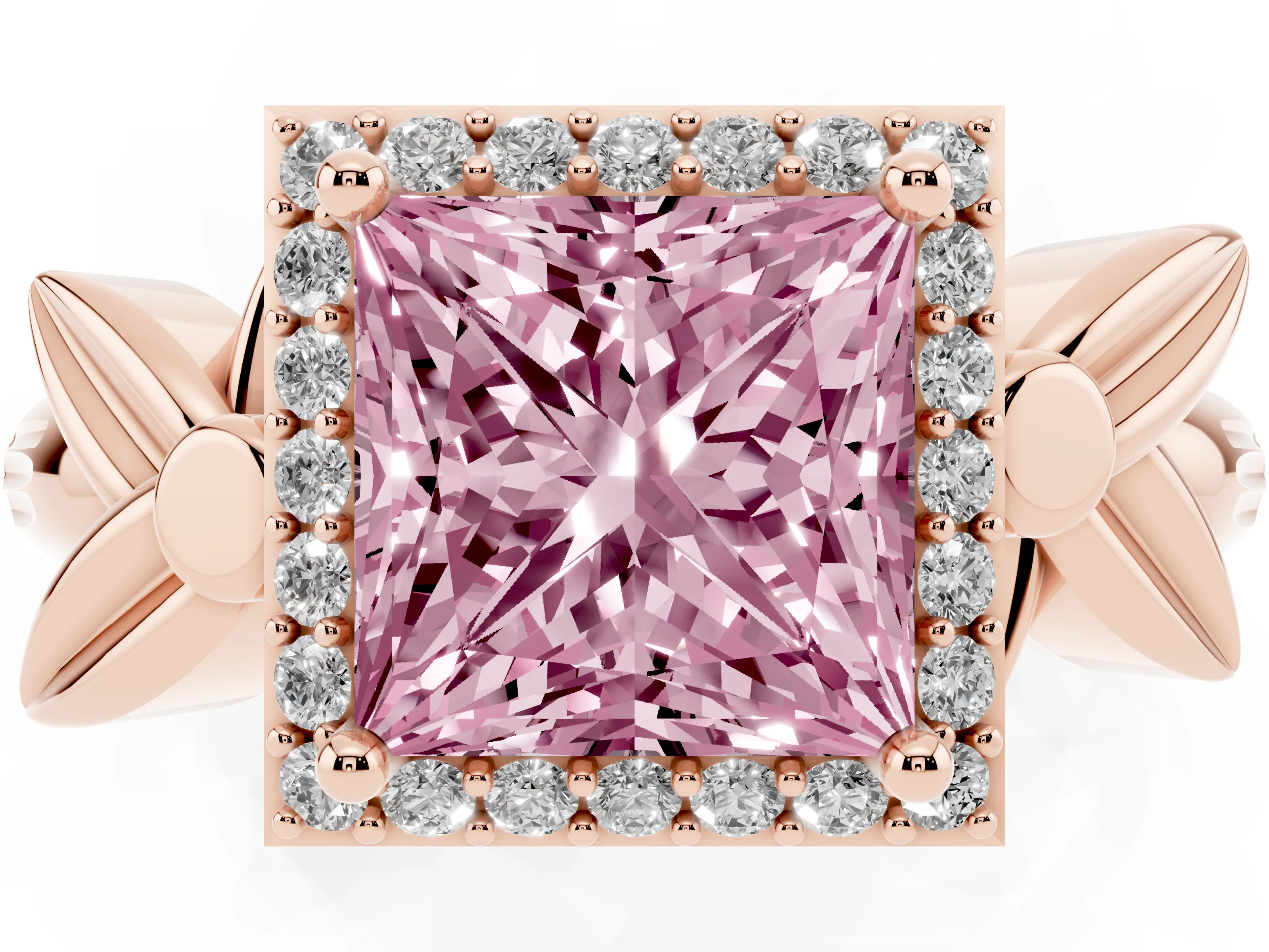 Fancy Pink Princess Cut Diamond Halo Floral Band Ring Set in Rose gold with Prong Setting