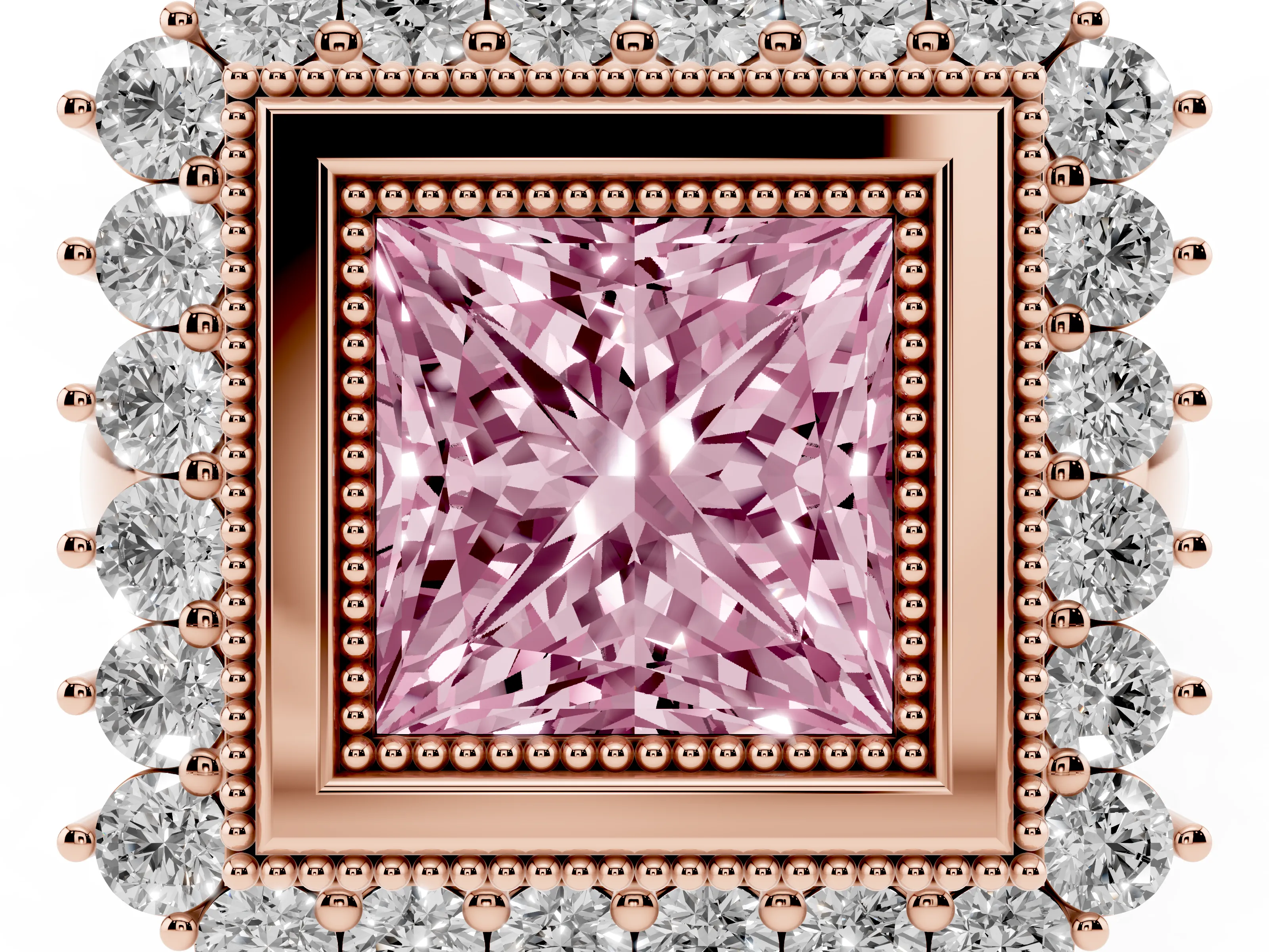 Fancy Pink Princess Cut Diamond Halo Ring Set in Rose gold with Milgrain Edge and Round Prong Setting