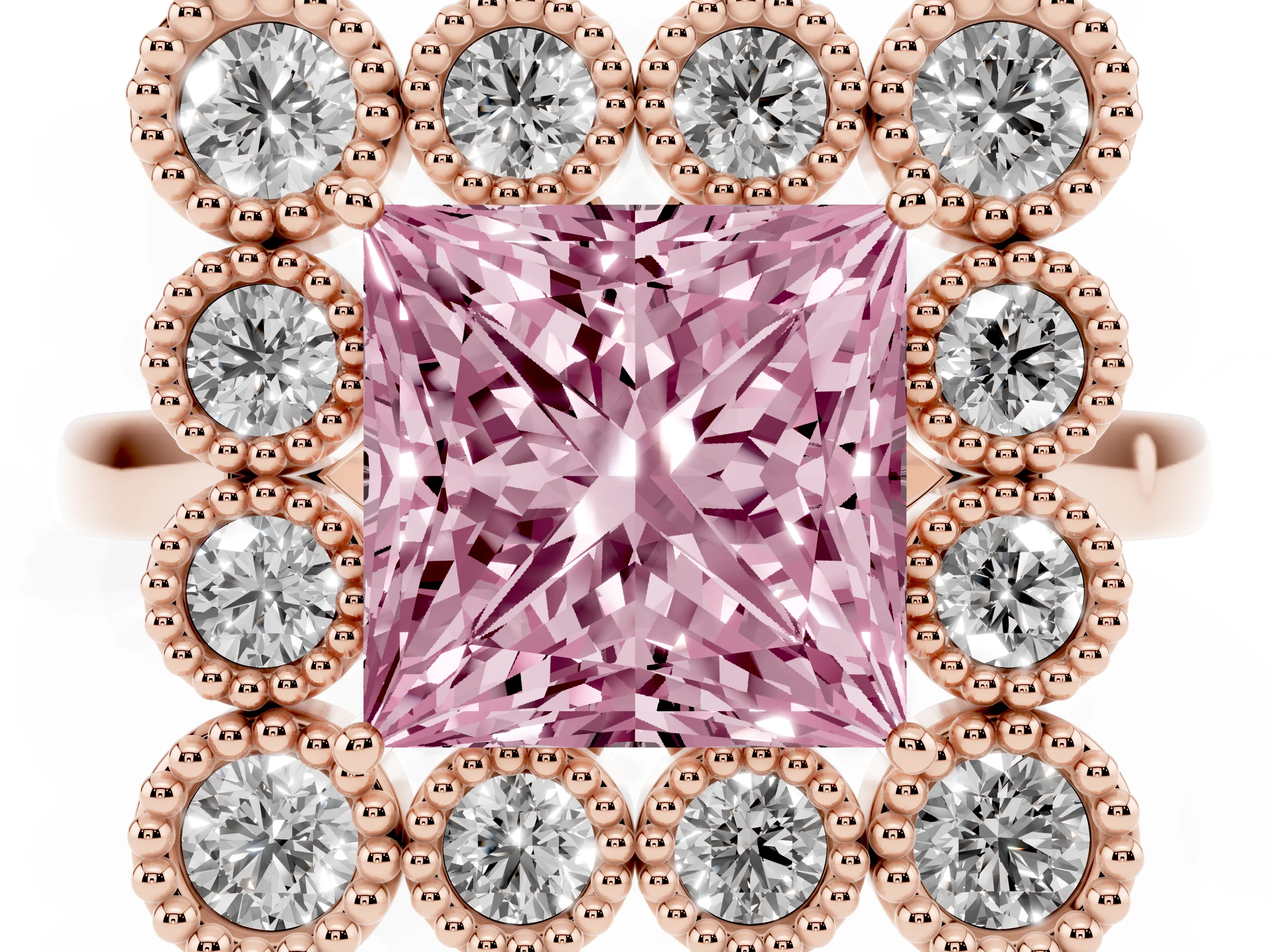 Fancy Pink Princess Cut Diamond Cluster Halo Ring Set in Rose gold with Milgrain Bezel Accents and Plain Band