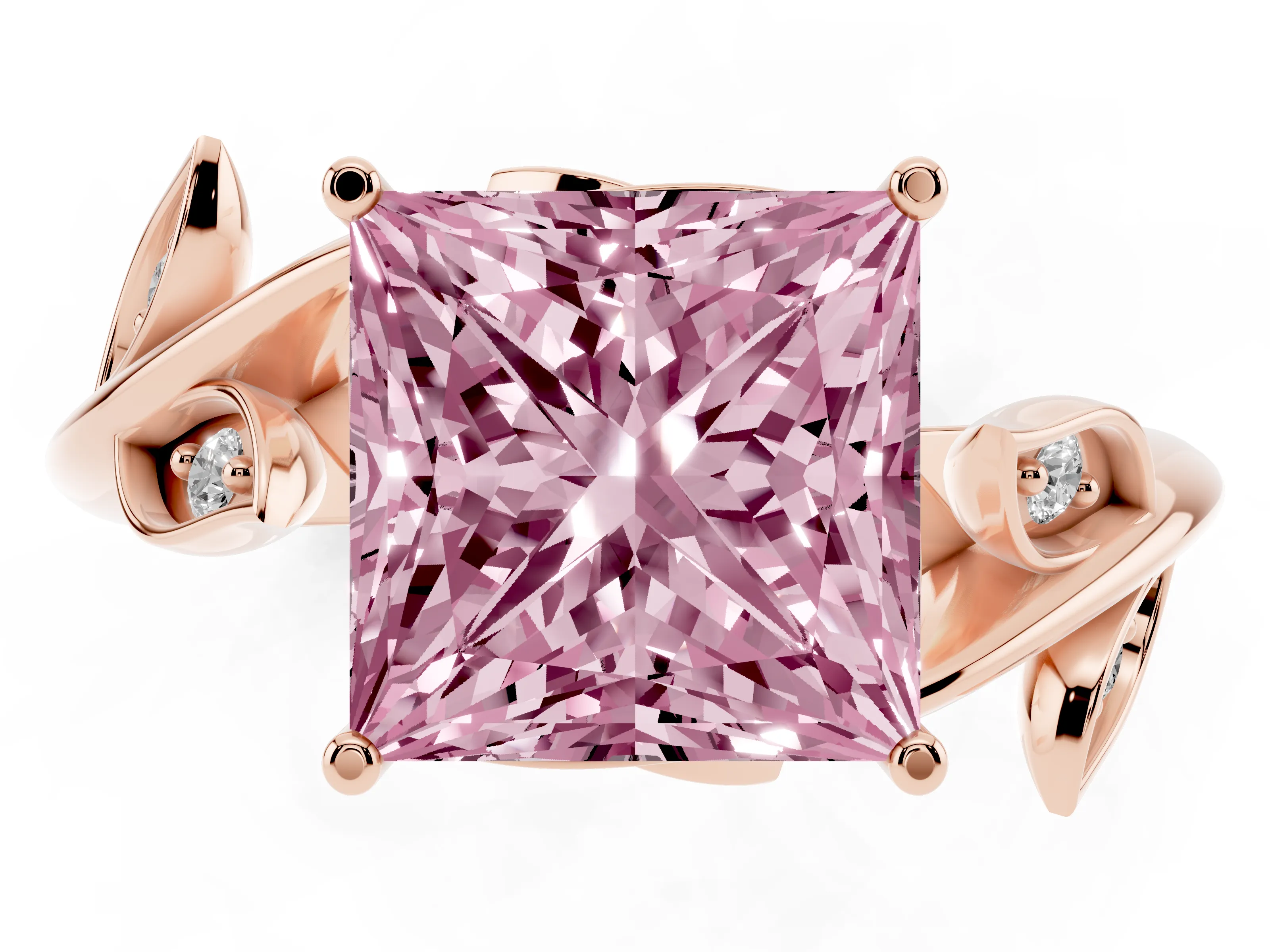 Fancy Pink Princess Cut Diamond Solitaire Twist Engagement Ring Set in Rose gold with Pavé Leaf Accents