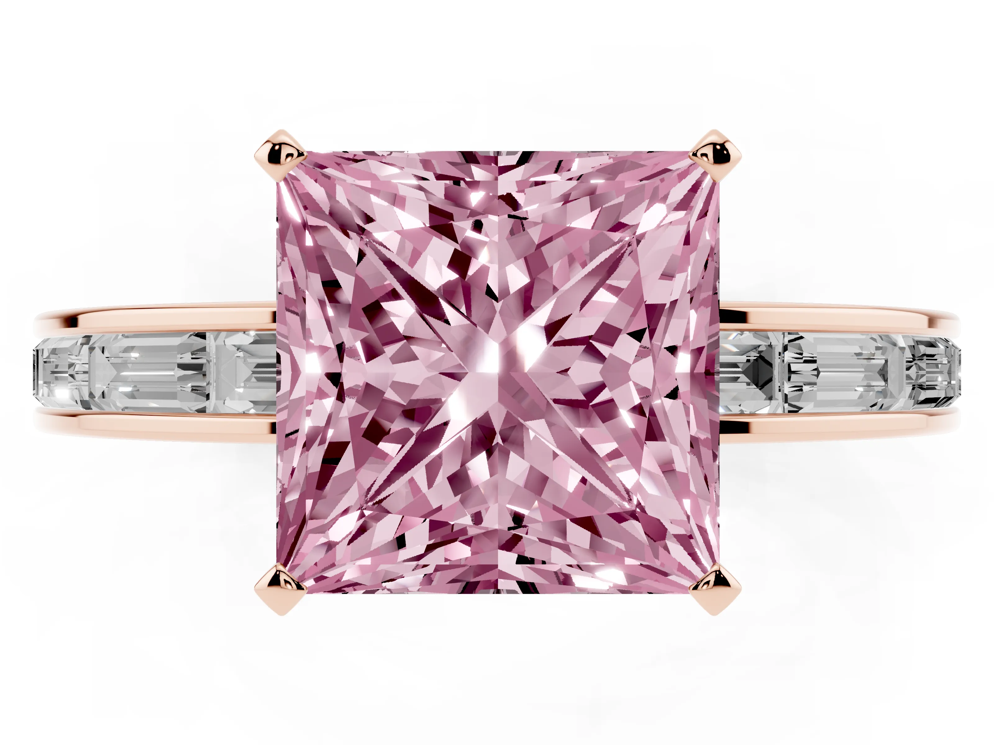 Fancy Pink Princess Cut Diamond Solitaire Ring Set in Rose gold with Channel-Set Baguette Band and Prong Setting