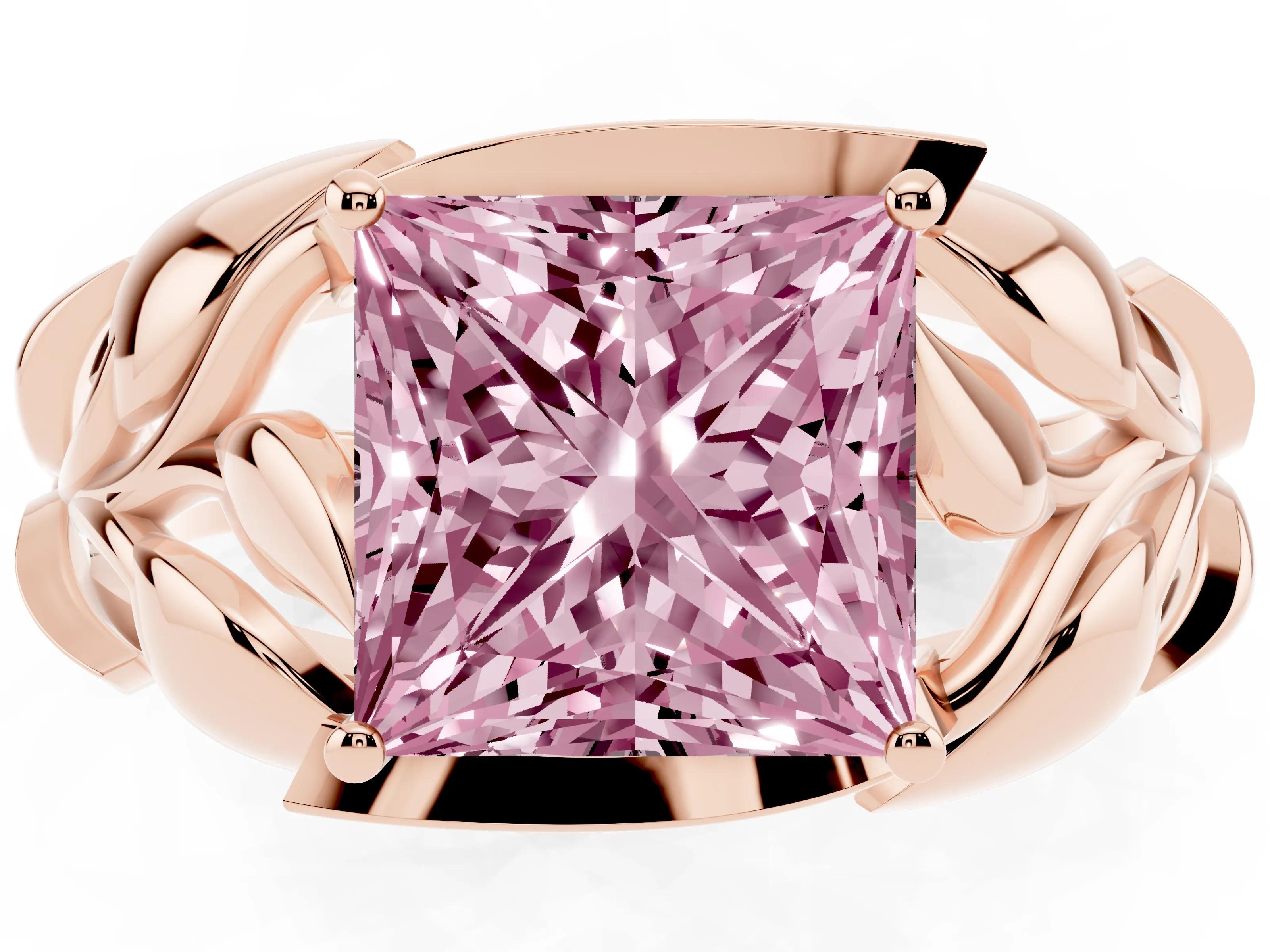 Fancy Pink Princess Cut Diamond Leaf-Inspired Engagement Ring Set in Rose gold with Round Accents