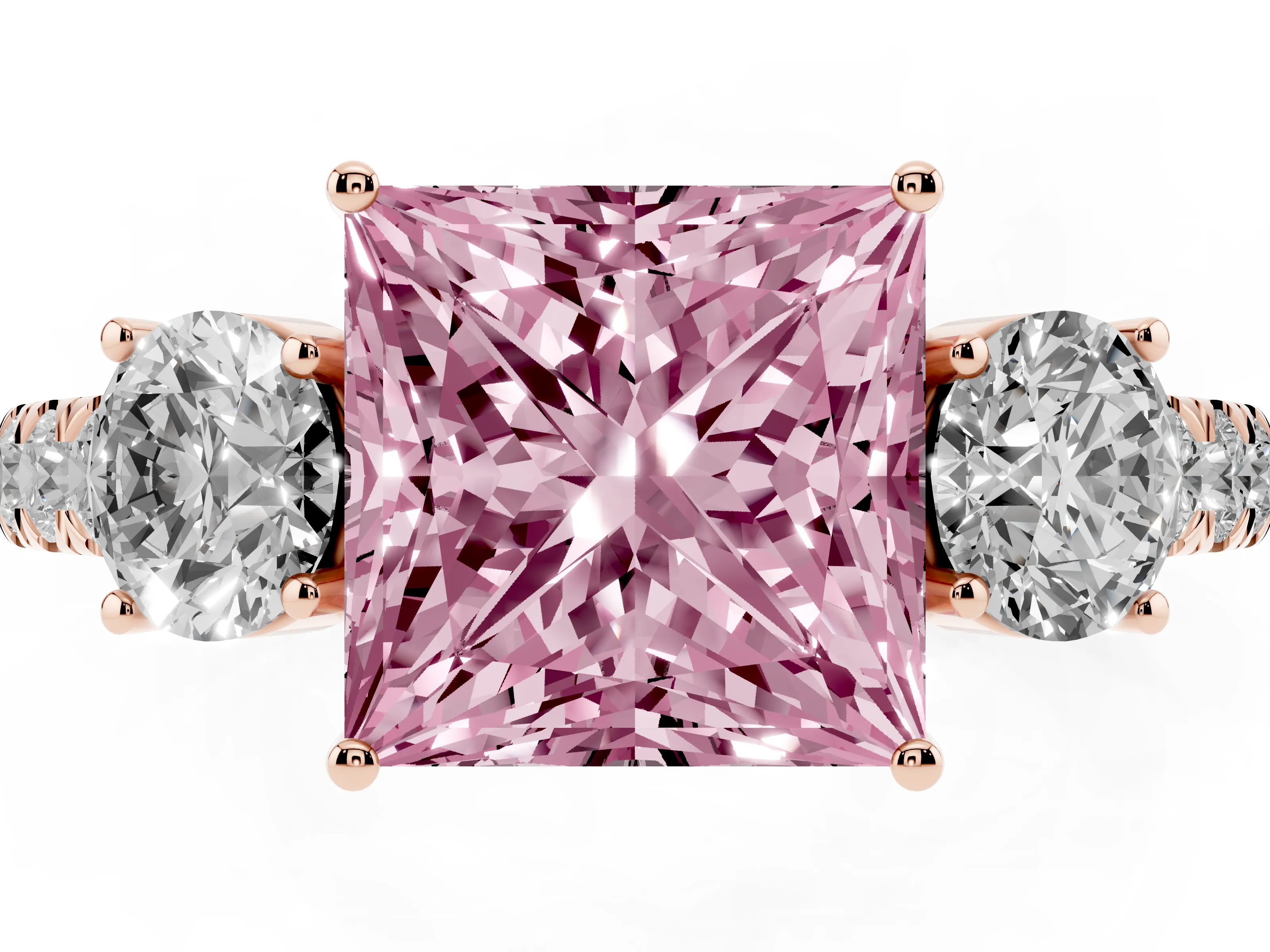 Fancy Pink Princess Cut Diamond Three-Stone Ring Set in Rose gold with Round Side Stones and Delicate Pavé Band