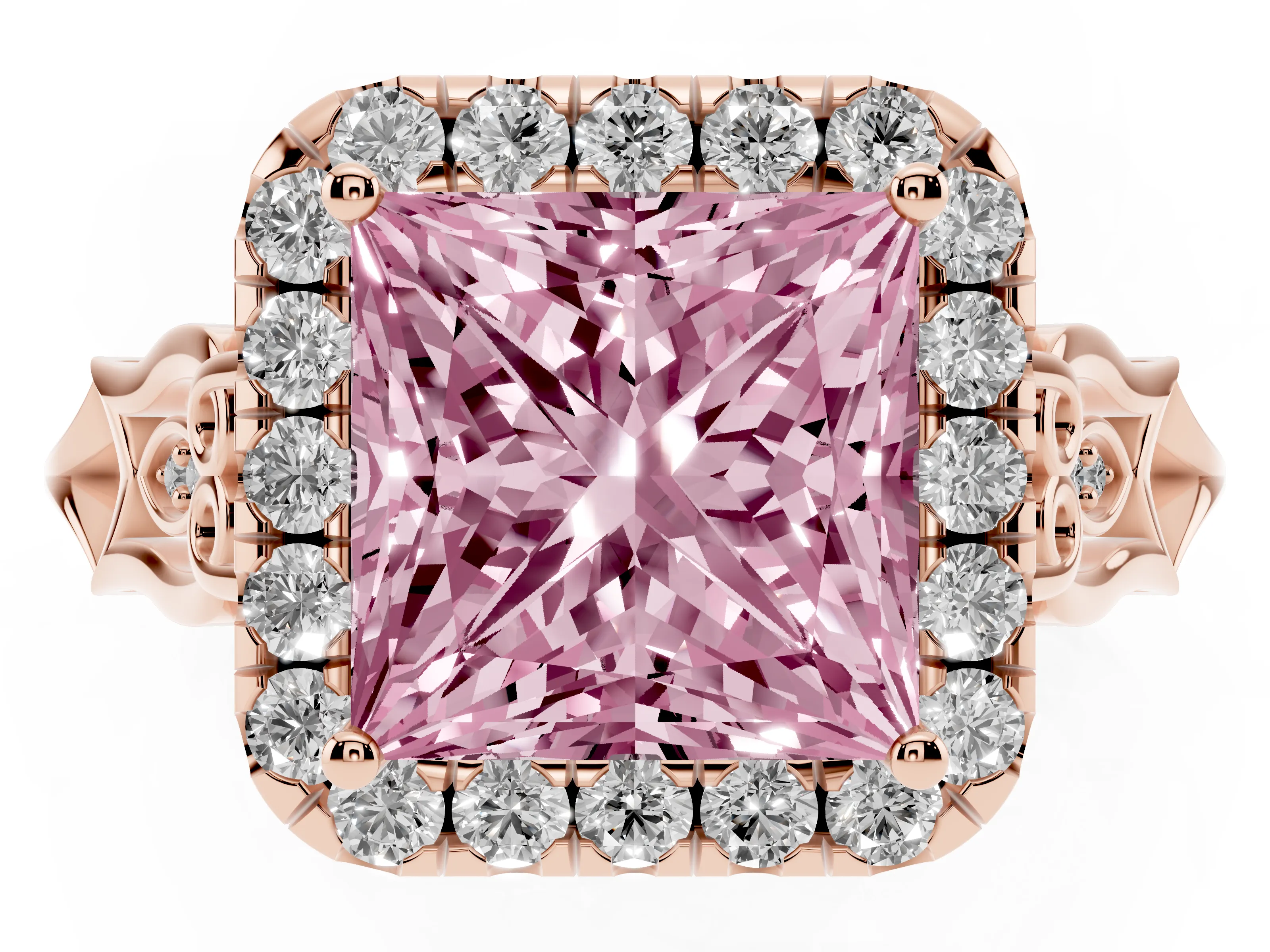 Fancy Pink Princess Cut Diamond Halo Engagement Ring Set in Rose gold with Filigree Band and Prong-Set Center