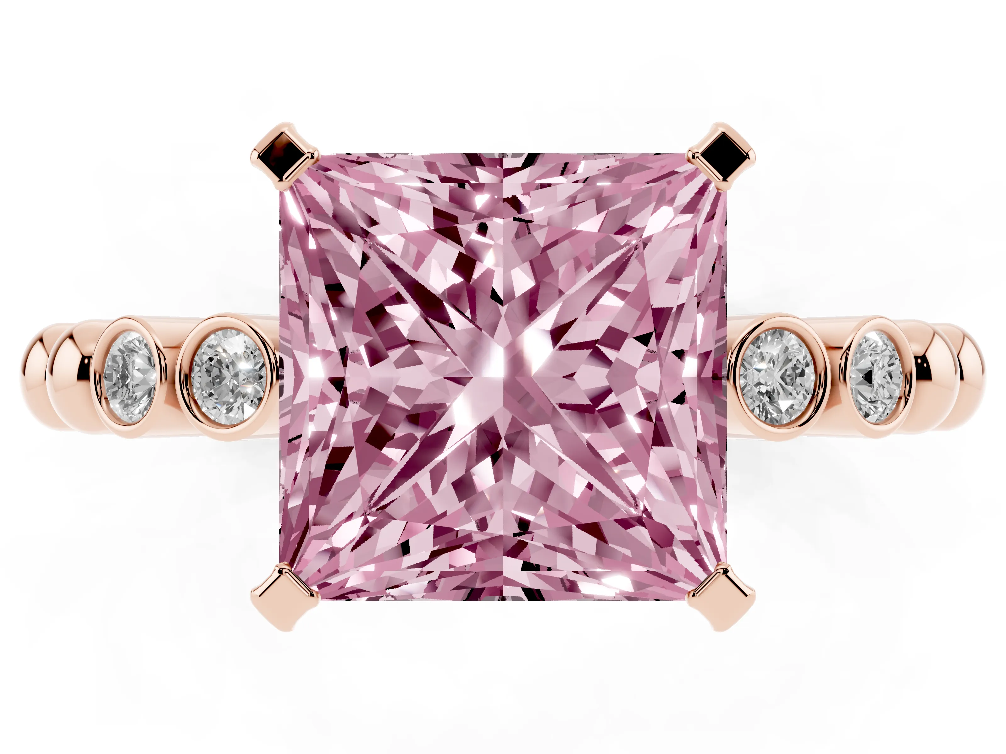 Fancy Pink Princess Cut Diamond Solitaire Engagement Ring Set in Rose gold with Bezel Accents on Beaded Band