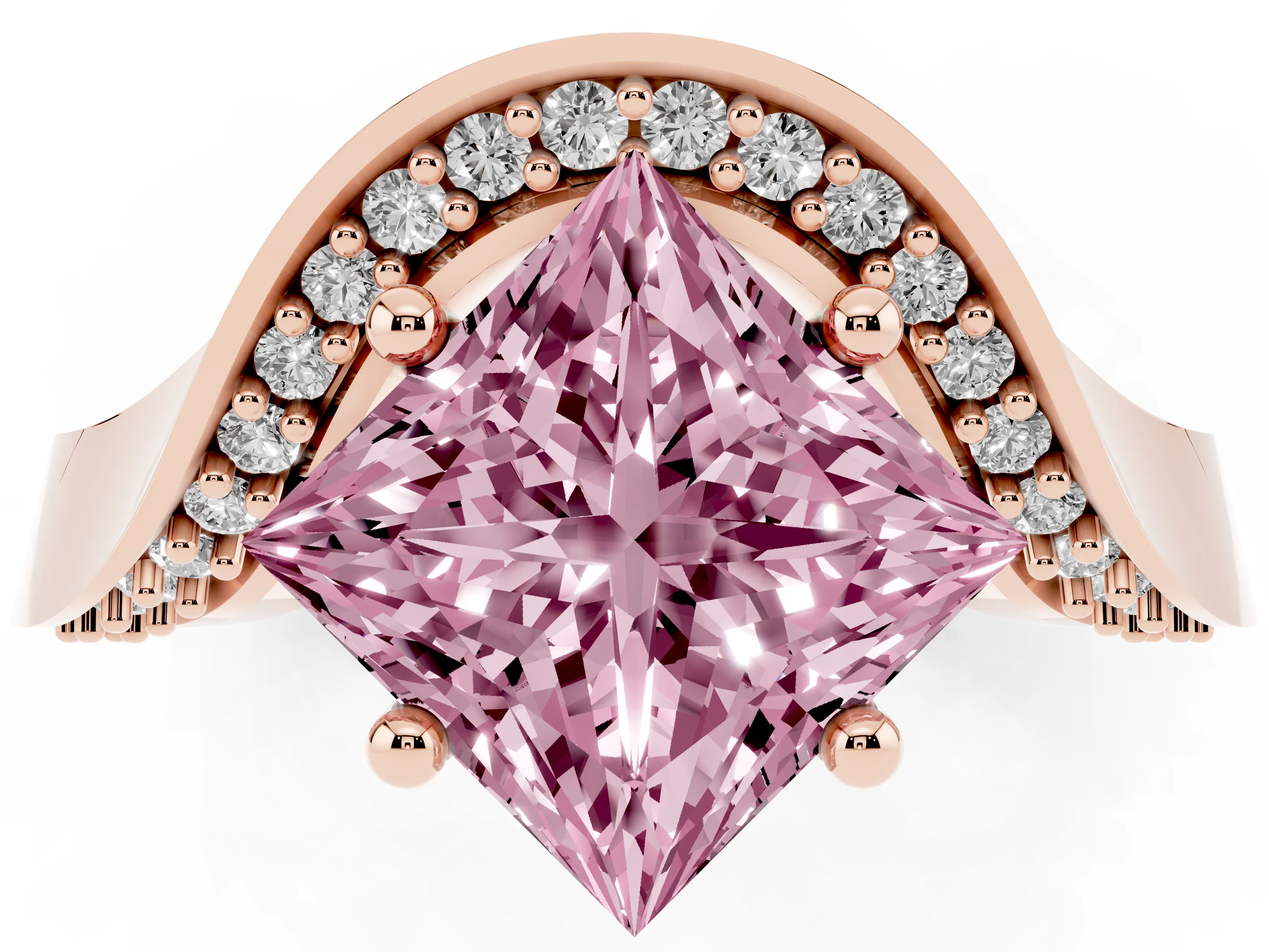 Fancy Pink Princess Cut Diamond Solitaire Engagement Ring Set in Rose gold with Pavé Shoulders