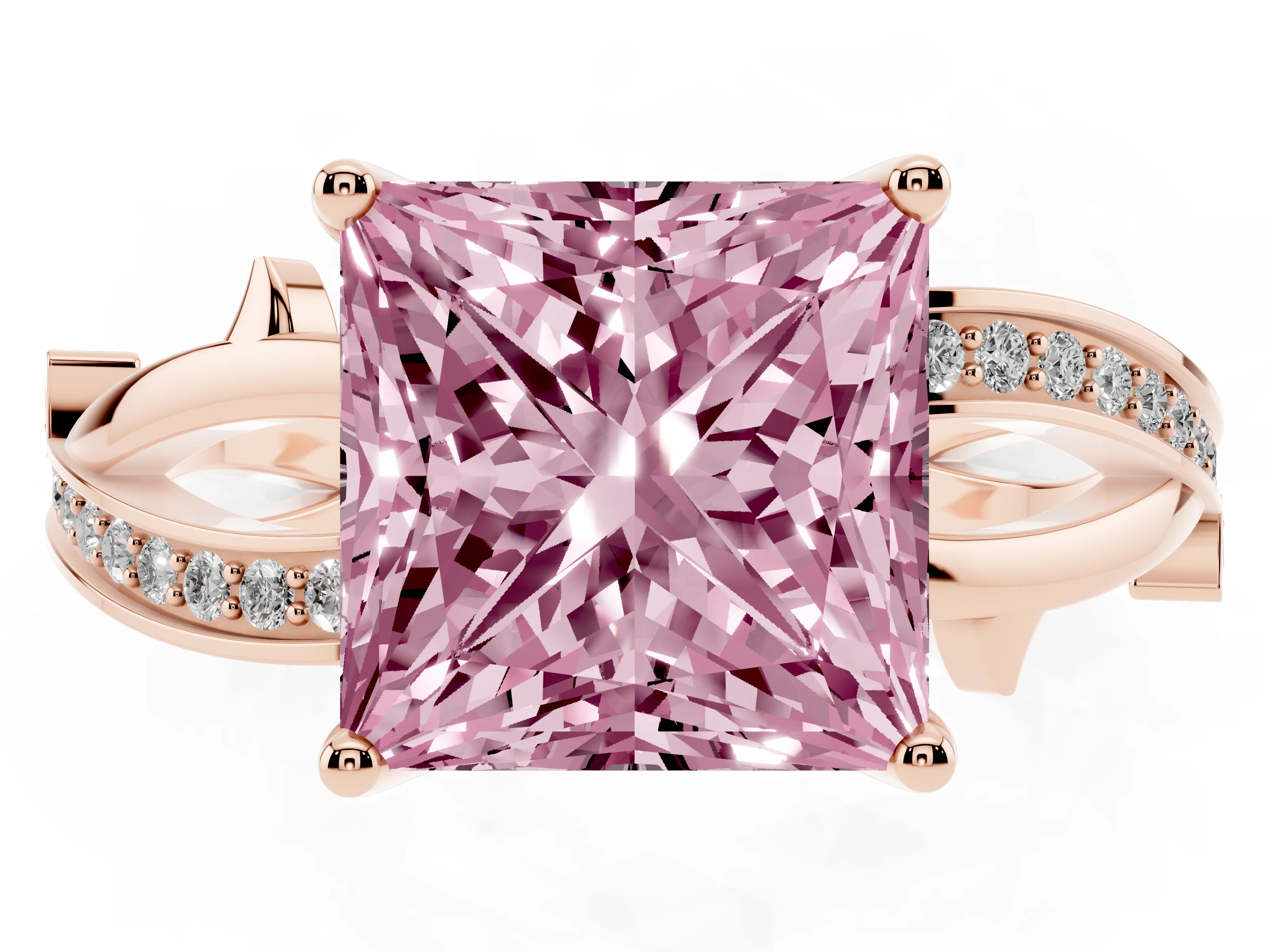 Fancy Pink Princess Cut Diamond Pavé Twist Band Solitaire Ring Set in Rose gold with Prong Setting