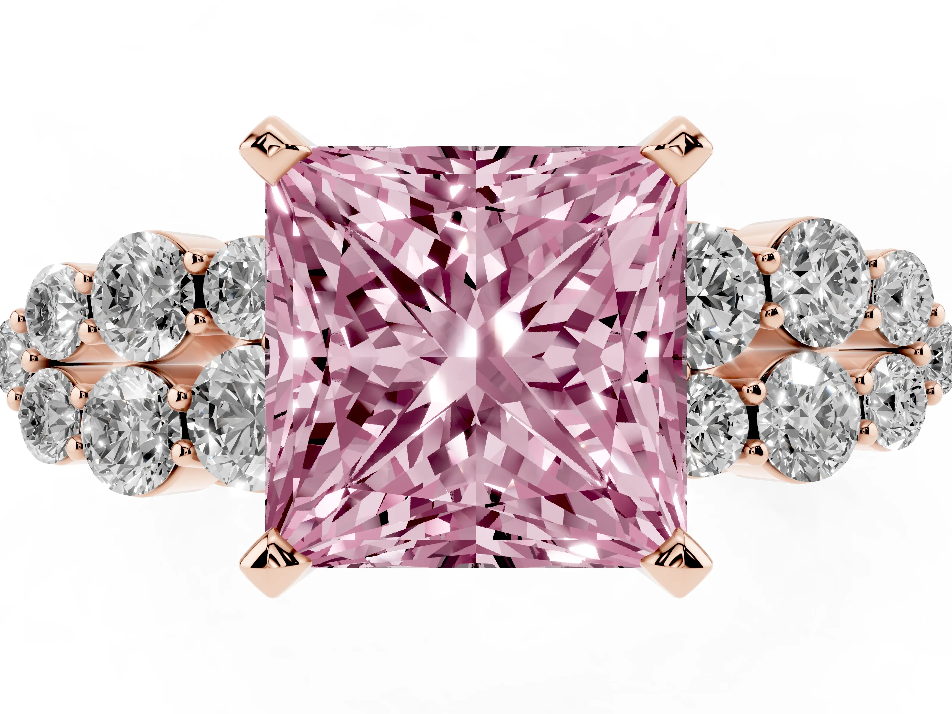Fancy Pink Princess Cut Diamond Cluster Engagement Ring Set in Rose gold with Pavé Band and Prong Setting