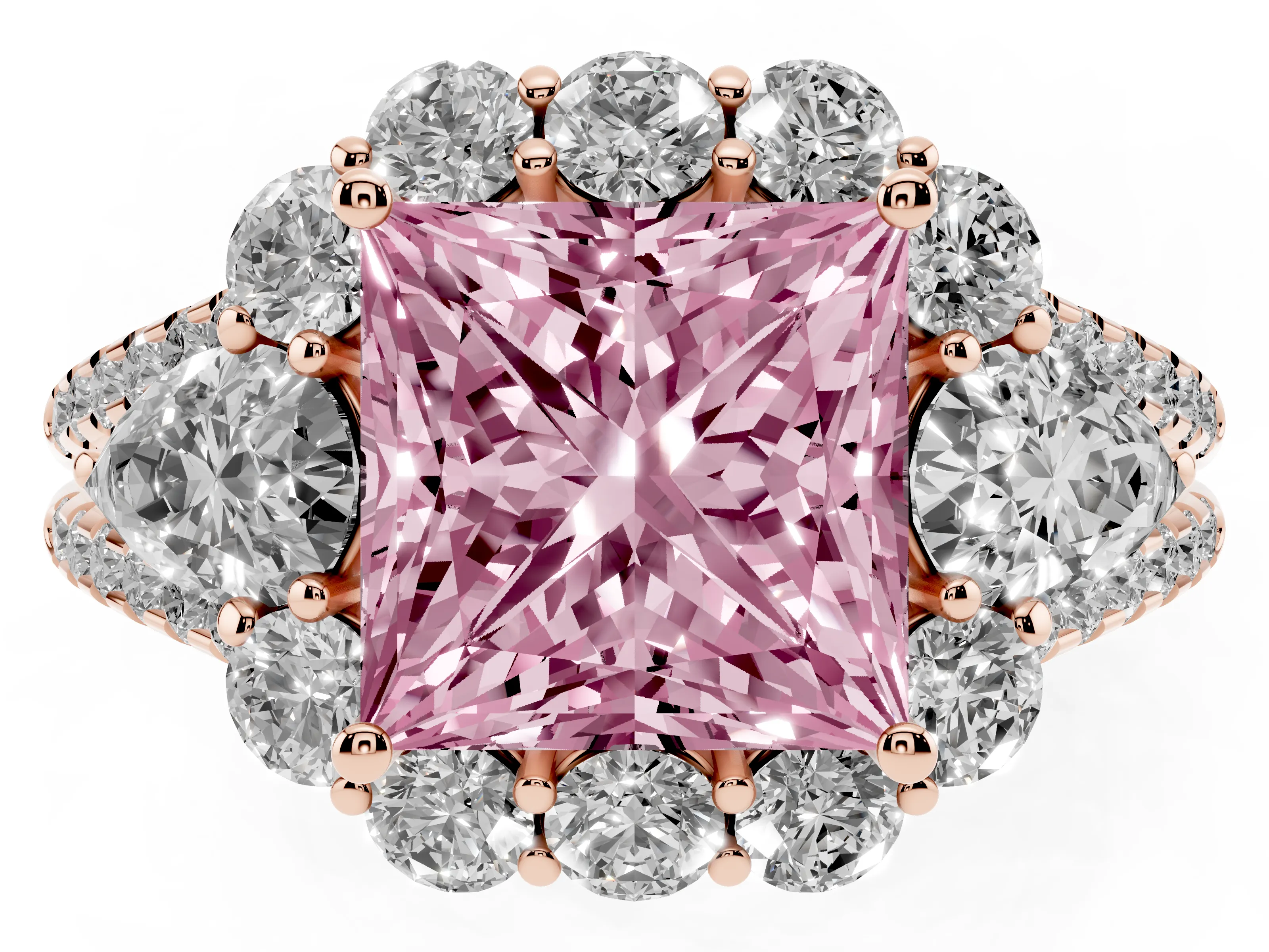 Fancy Pink Princess Cut Diamond Halo Split Shank Engagement Ring Set in Rose gold with Prong-Held Center Stone